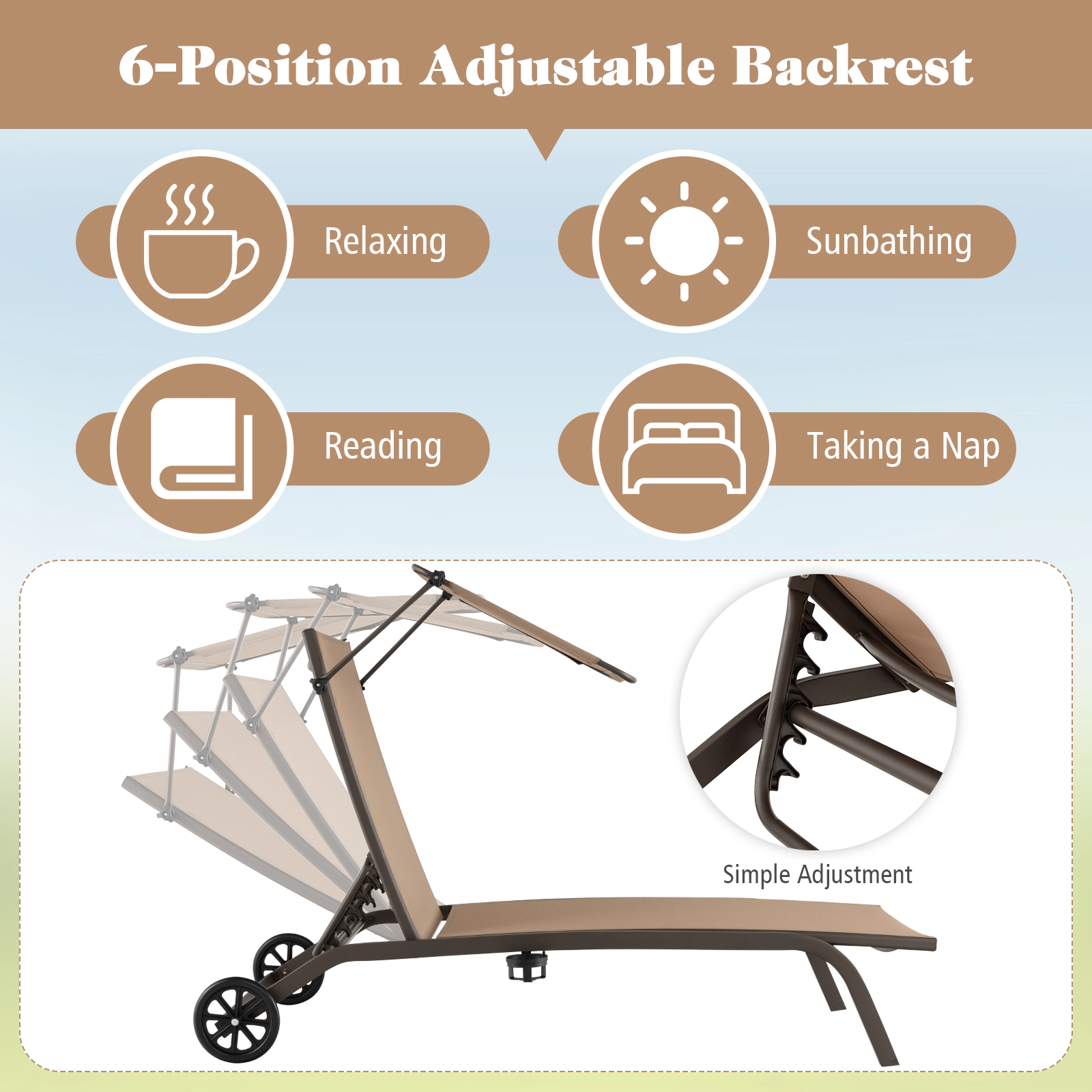 SUGIFT 6-Position Heavy-Duty Adjustable Patio Chaise Lounge Chair with Canopy Cup Holder & Wheels 330-lb Capacity Brown