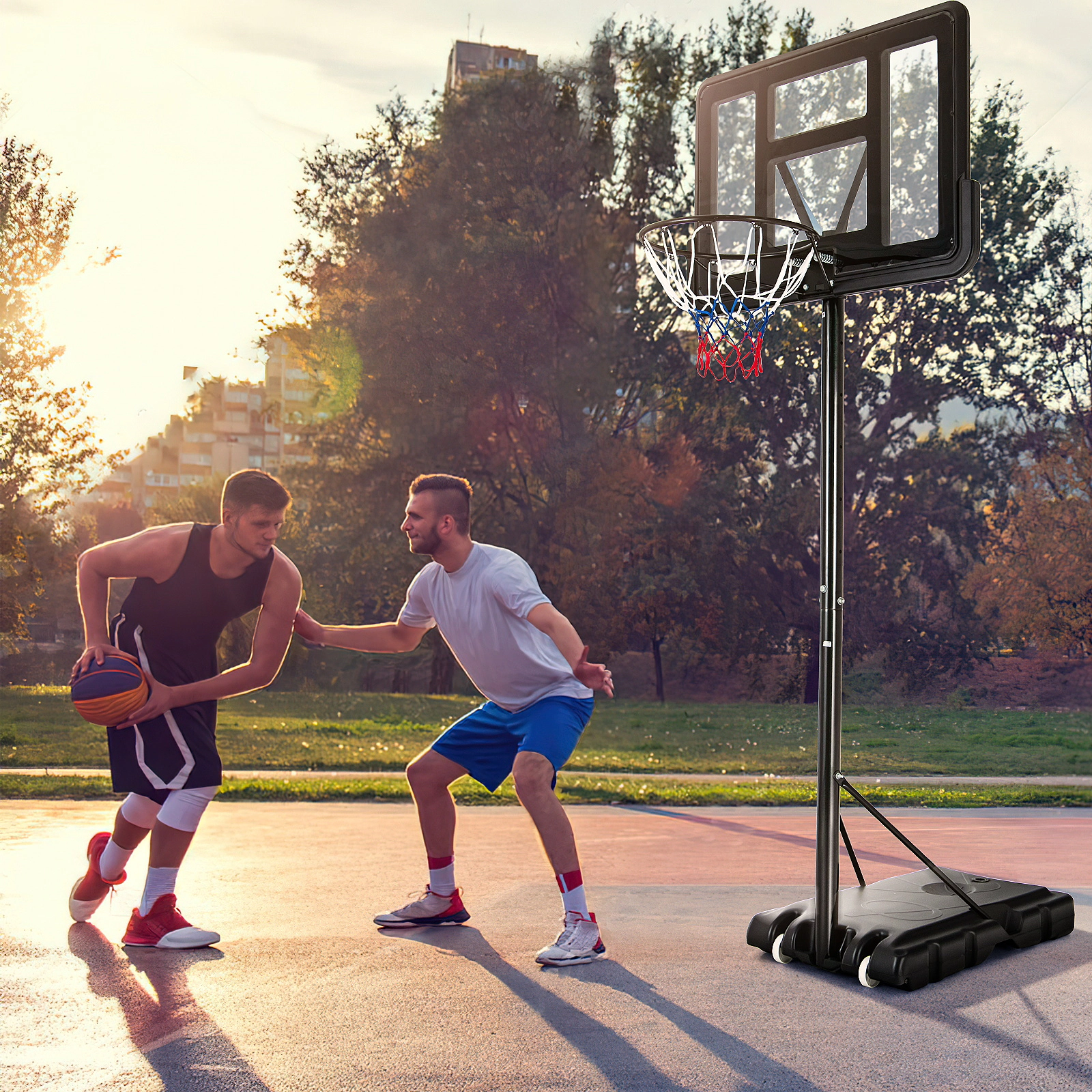 SUGIFT Portable Basketball Hoop Stand with Shatterproof HDPE Backboard and Wheels 4.25-10-ft Rim Black Red