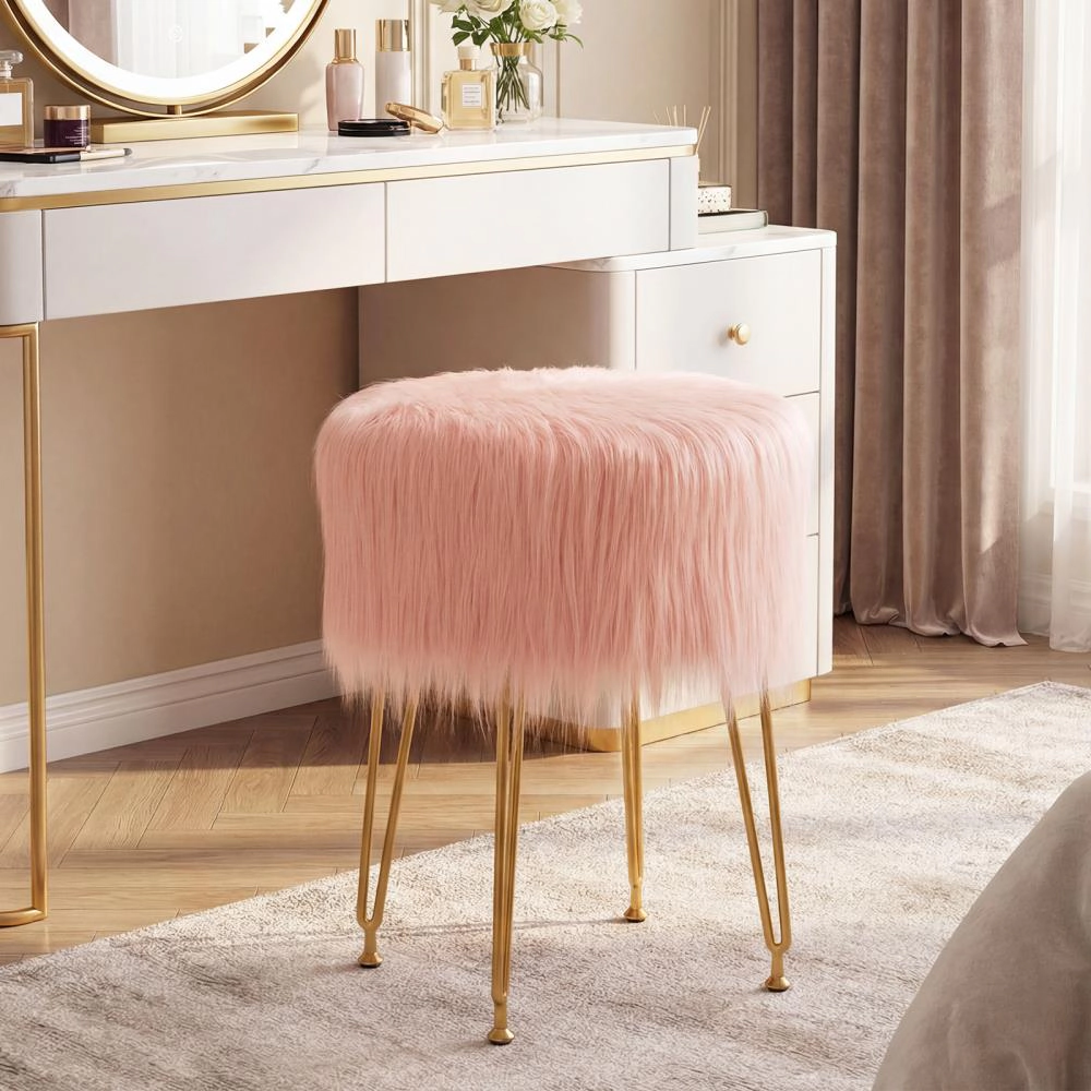 Hivvago Faux Fur Vanity Stool Chair with Metal Legs for Bedroom and Living Room
