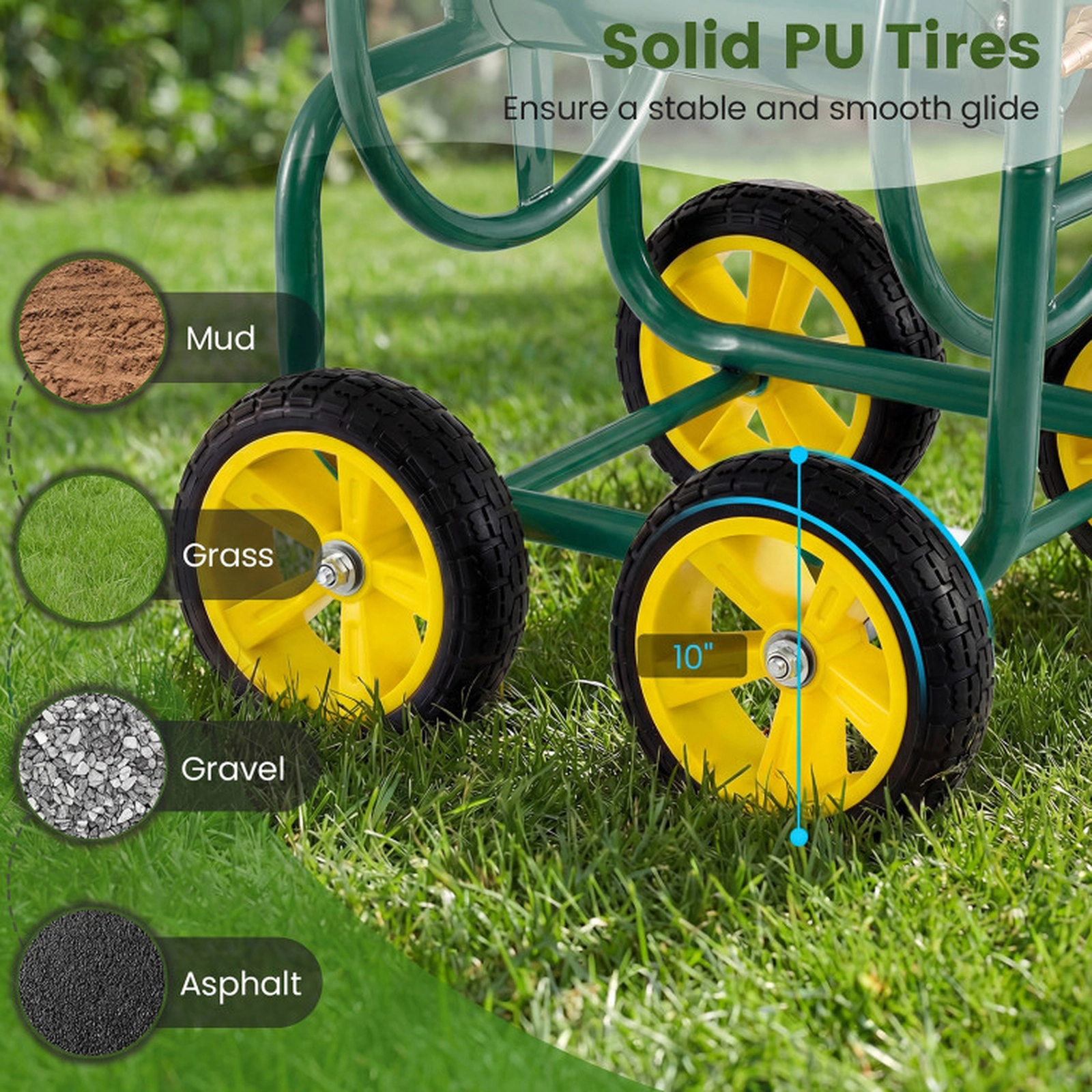 SUGIFT 4-Wheel Garden Water Hose Reel Cart Foam-Padded Handrail 330-ft 5/8-in or 400-ft 1/2-in Hose Capacity Green