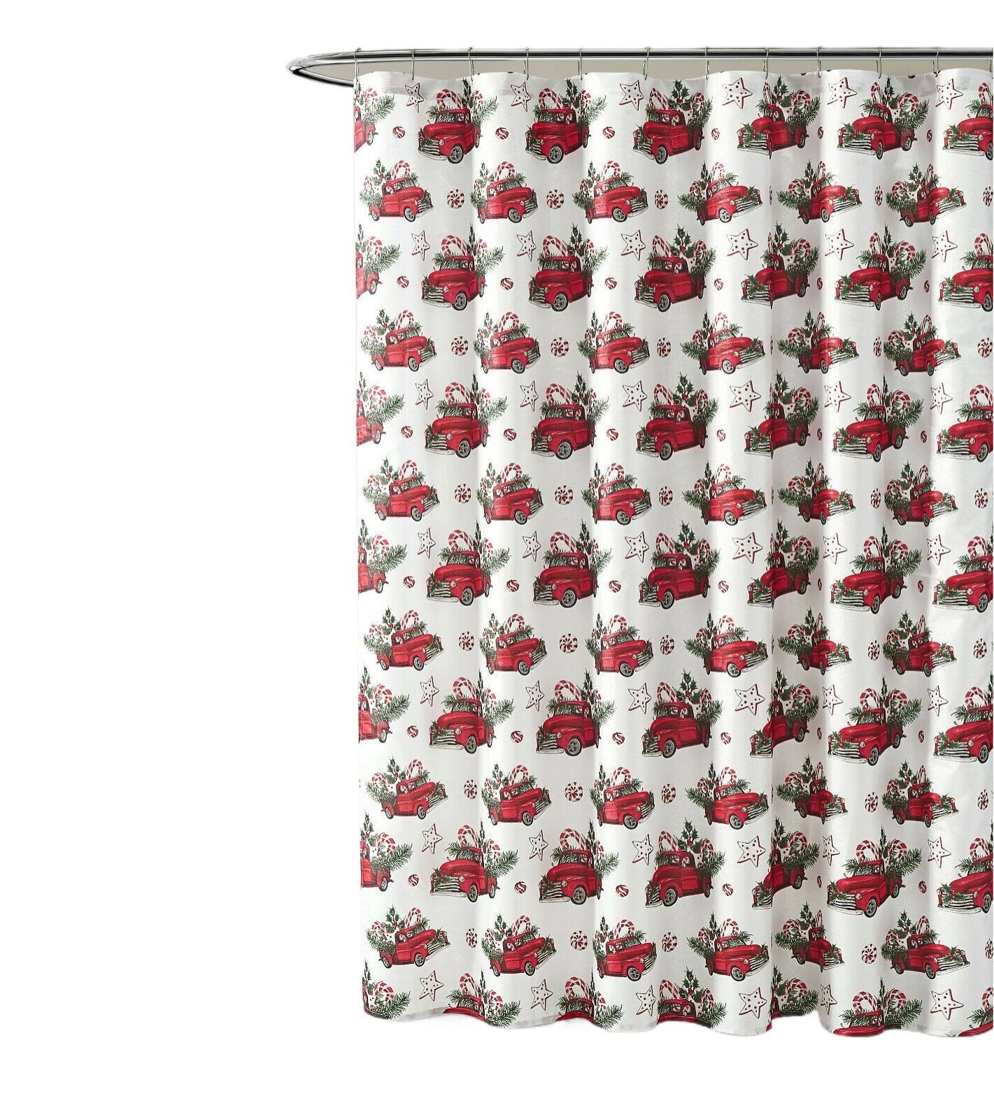 Kate Aurora Holiday Living Red Trucks Evergreens And Candy Canes Sparkly Christmas Fabric Shower Curtain