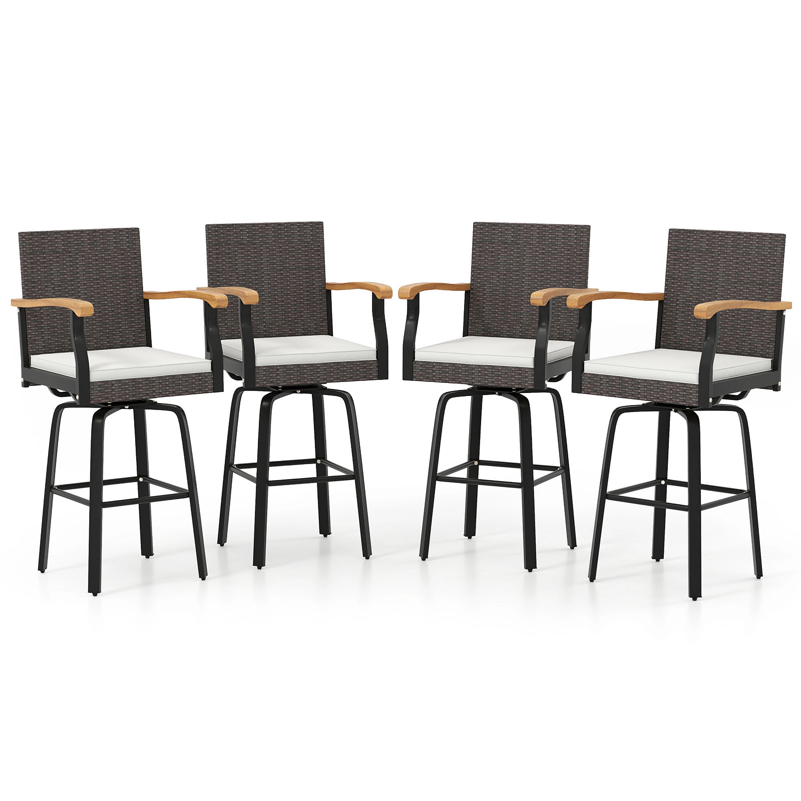 LJG One Outdoor 360° Swivel Bar Stool with Cushion and Acacia Wood Armrests