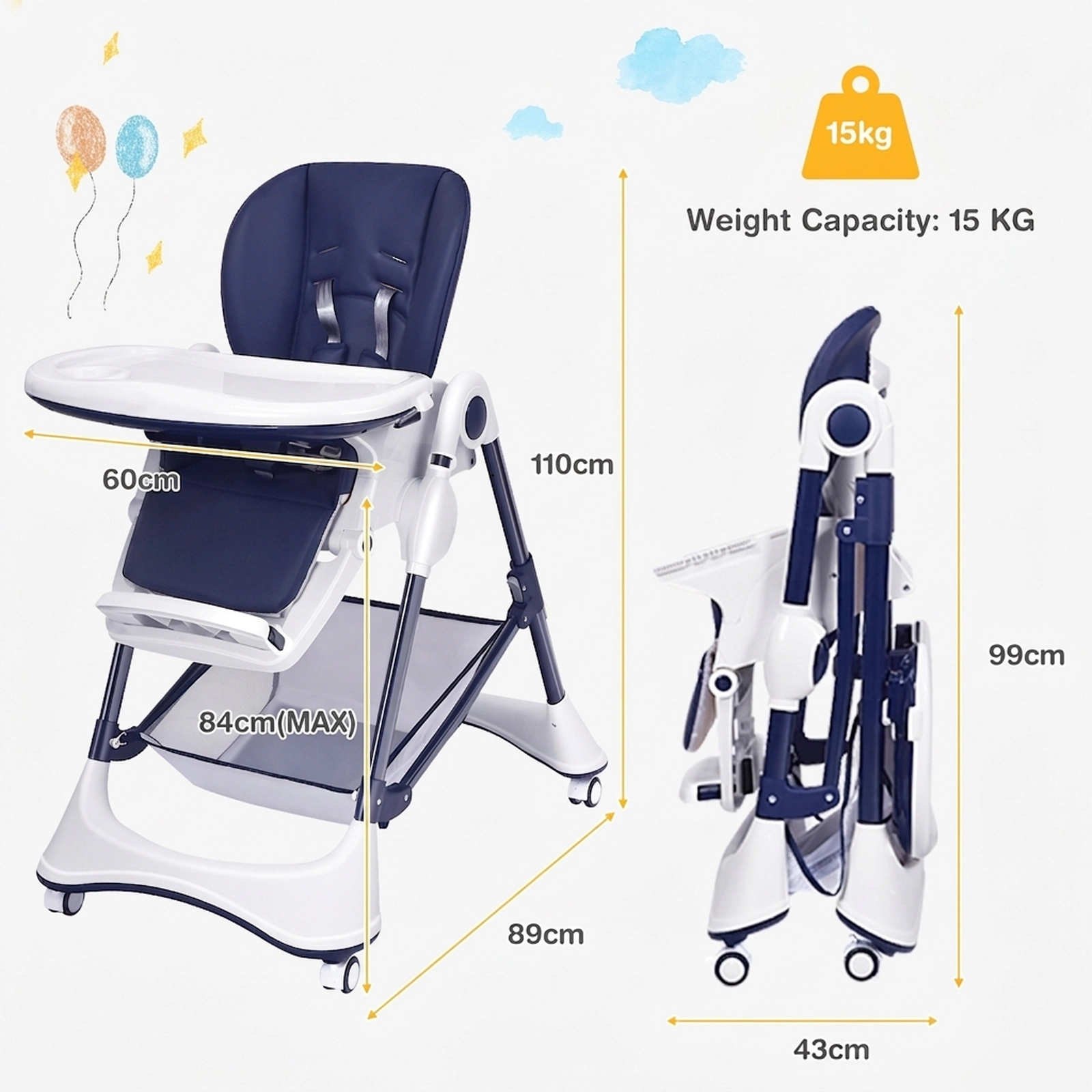 A-Frame Foldable Baby High Chair 4 Lockable 360-Degree Wheels 7 Adjustable Heights 50-lb Capacity 0 to 36 Months Navy