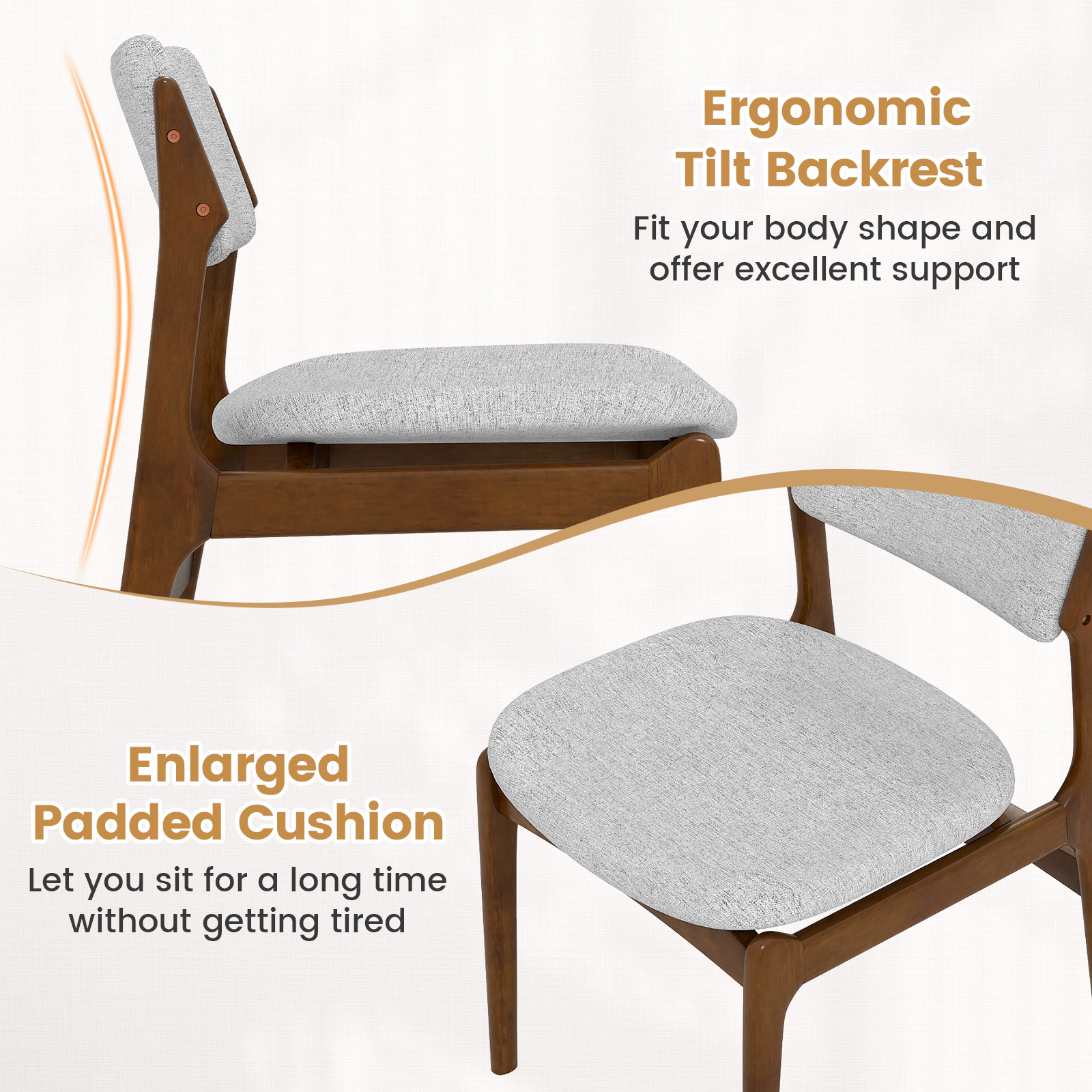 SUGIFT Modern Padded Dining Chairs with Rubber Wood Legs 330-lb Capacity Set of 2 Gray Brown