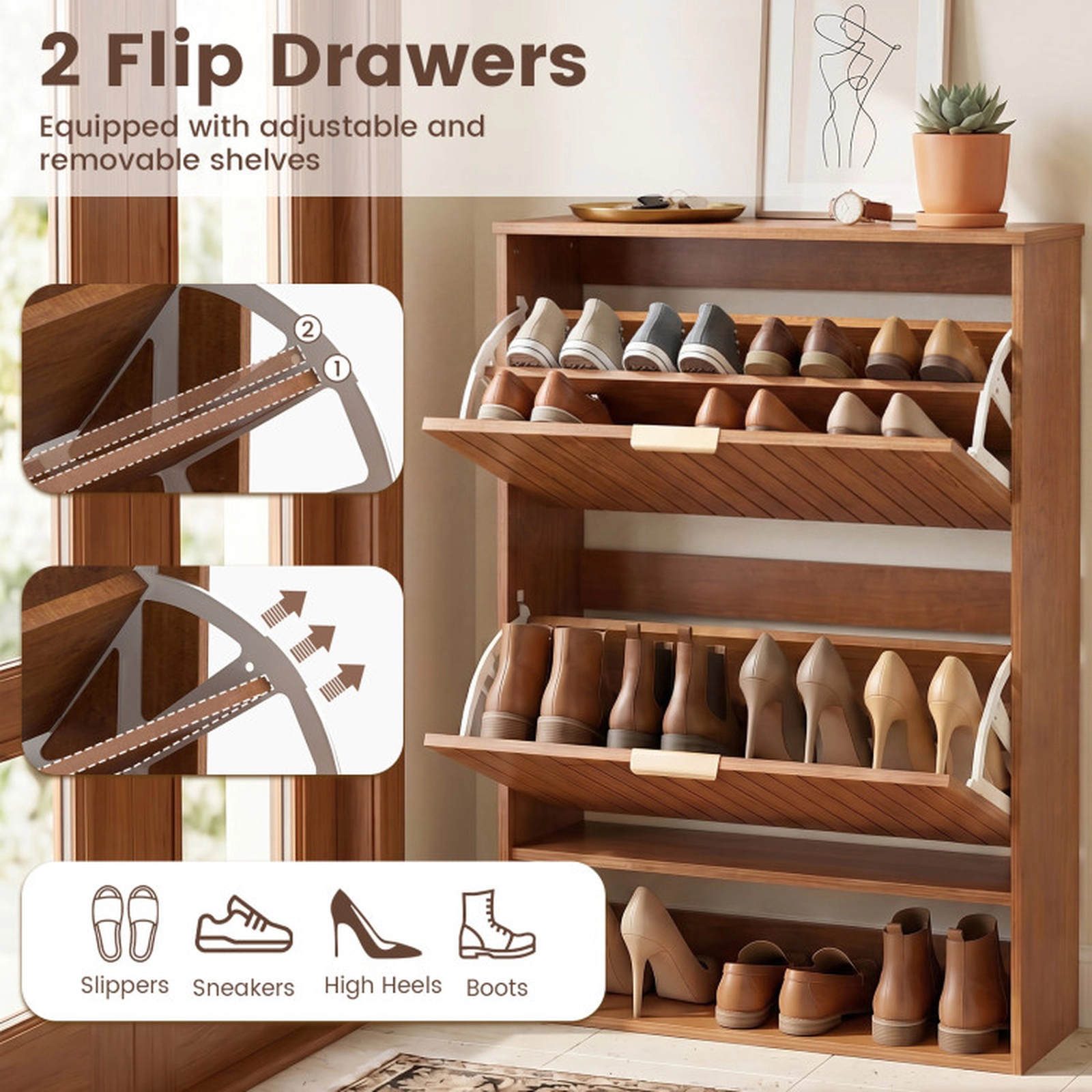SUGIFT Walnut 40-in Tall Fluted Narrow Shoe Cabinet with 2 Flip Drawers and Open Cubby Storage