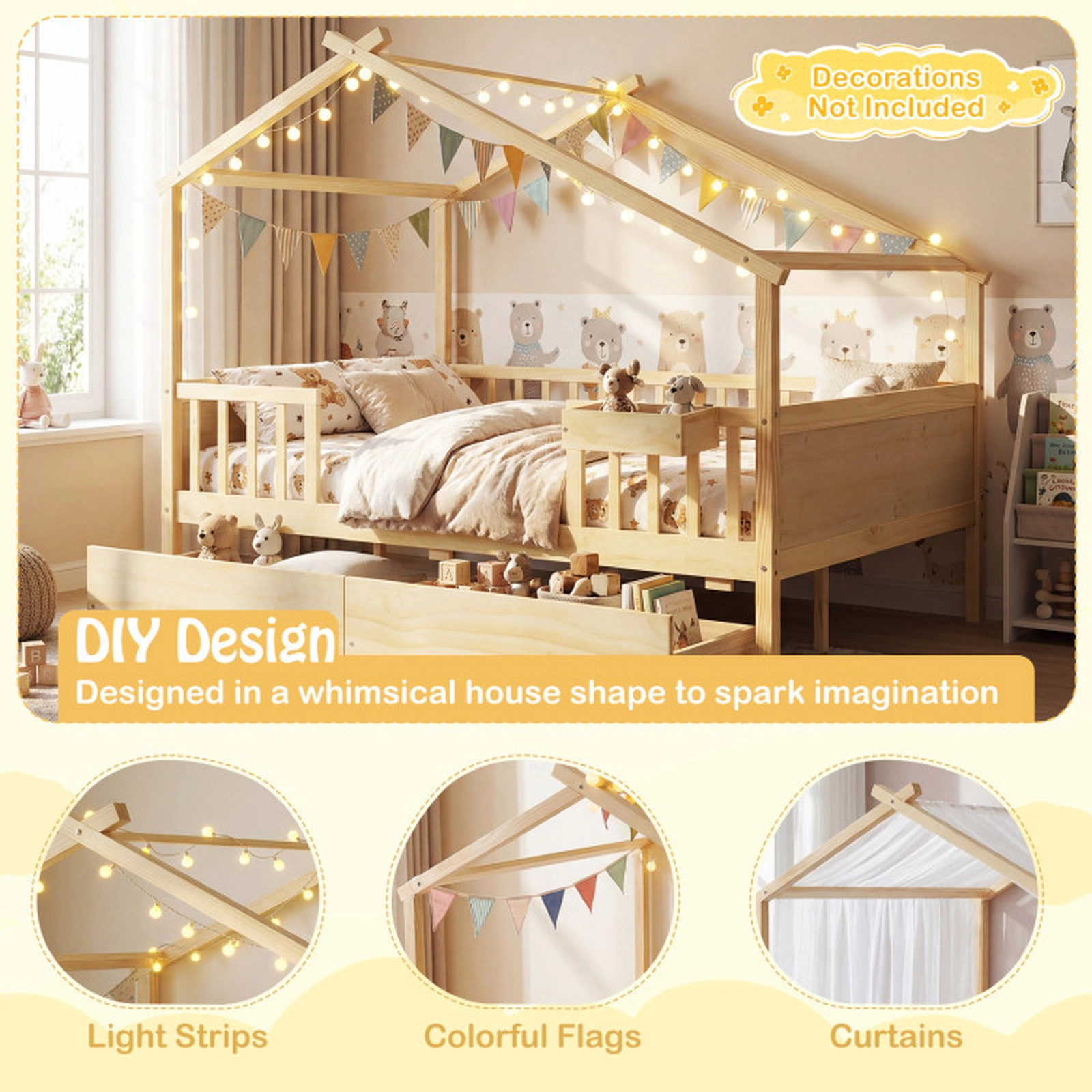 SUGIFT Natural Roof Fence Rails and 2 Drawers Full Size Kids Wooden House Bed