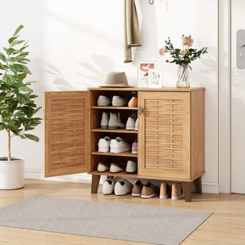 Hivvago 2-Door 4-Tier Shoe Cabinet Storage Organizer with Ventilated Woven Doors-Teak