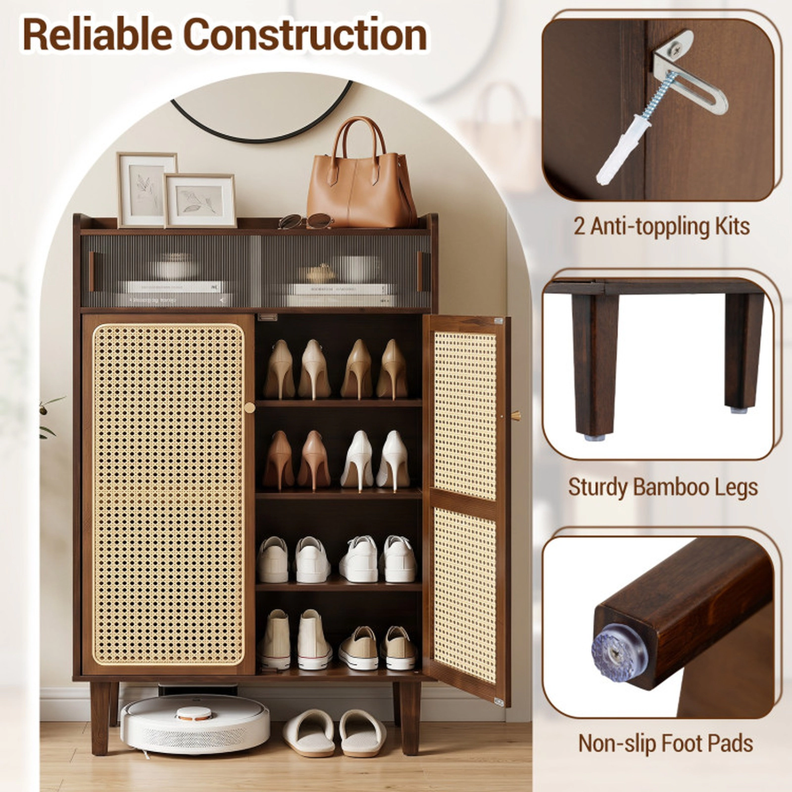 SUGIFT 5-Tier Walnut 42-in Bamboo Shoe Cabinet with Rattan Sliding Doors for Entryway Shoe Storage