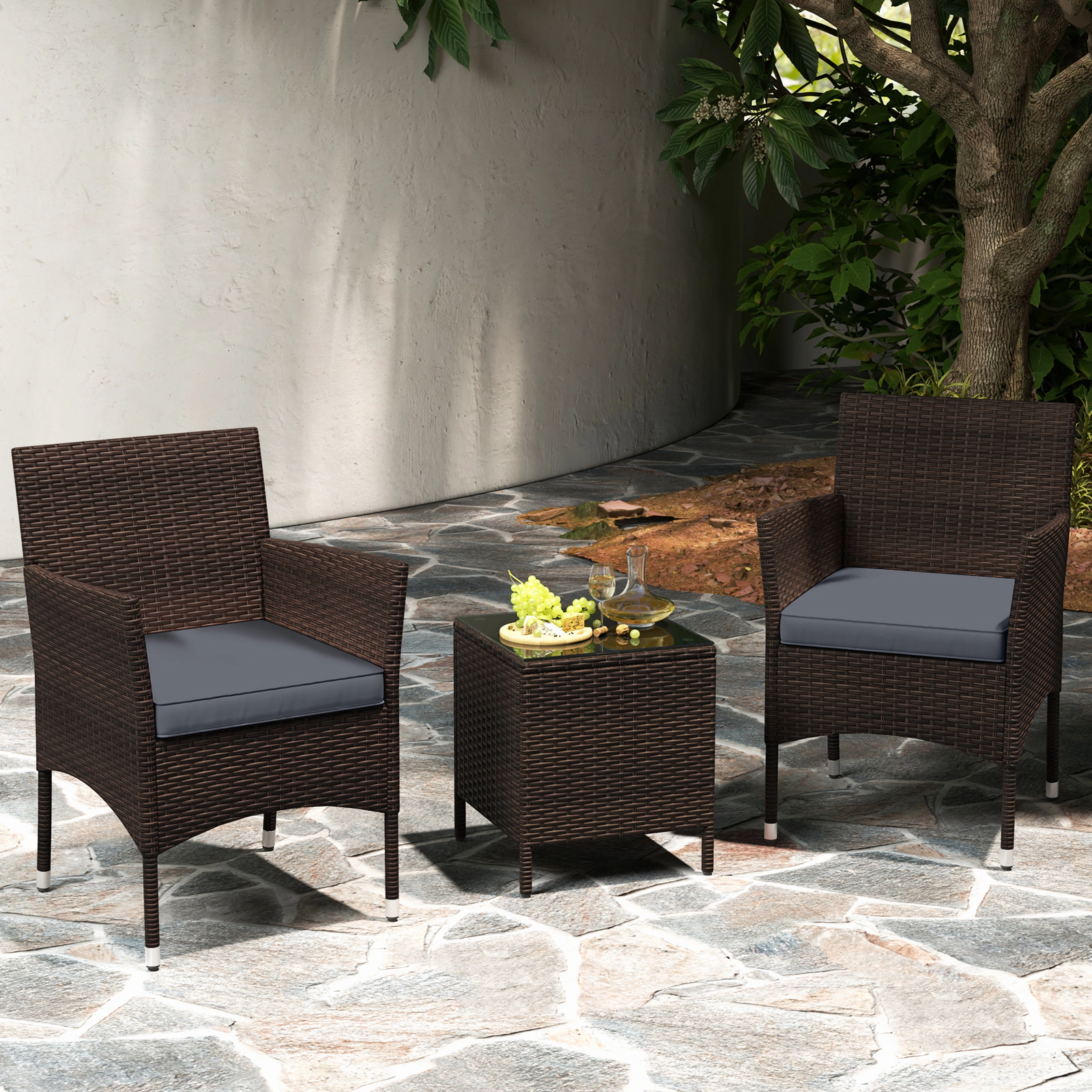 SUGIFT Conversation Set with Cushioned Seats and Glass Tabletop 400-lb Chair Capacity Mix Brown Rattan Gray Cushions