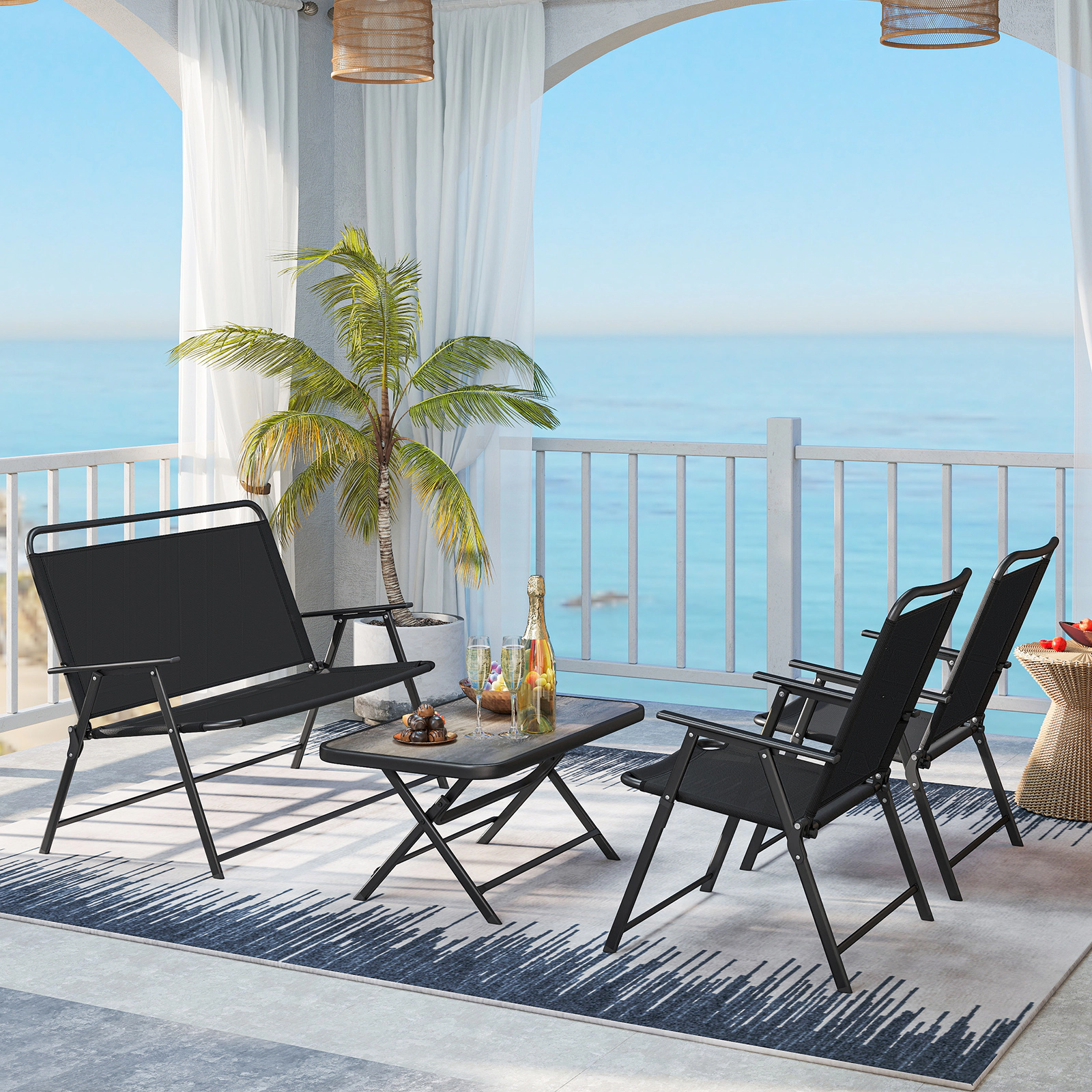 SUGIFT 4-Piece Folding Patio Conversation Set with SPC Coffee Table and Patio Chairs Black Fabric and Metal