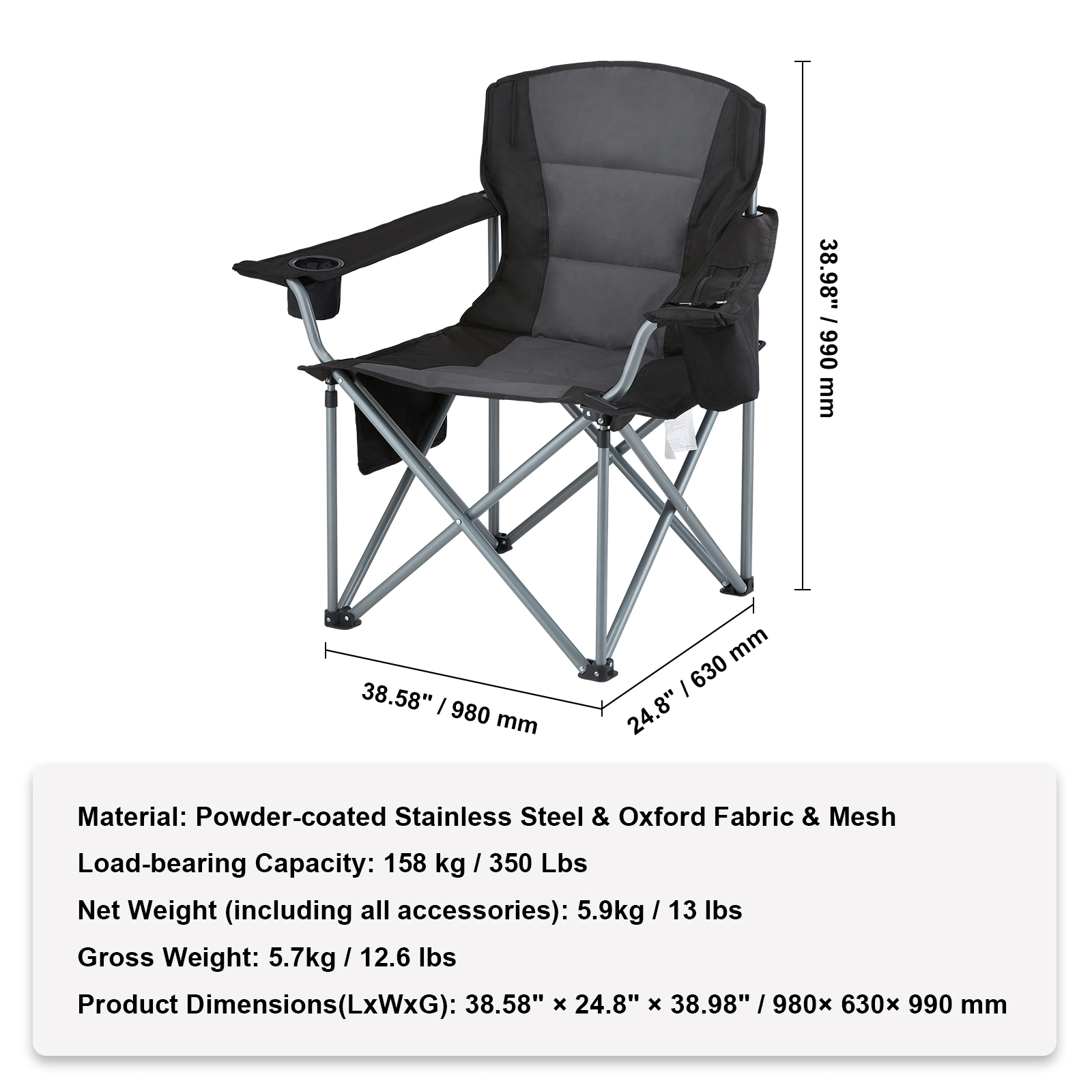 HONGGE Camping Folding for Portable Heavy Duty Outdoor Padded Chairs with Cup Bag for Fishing Black