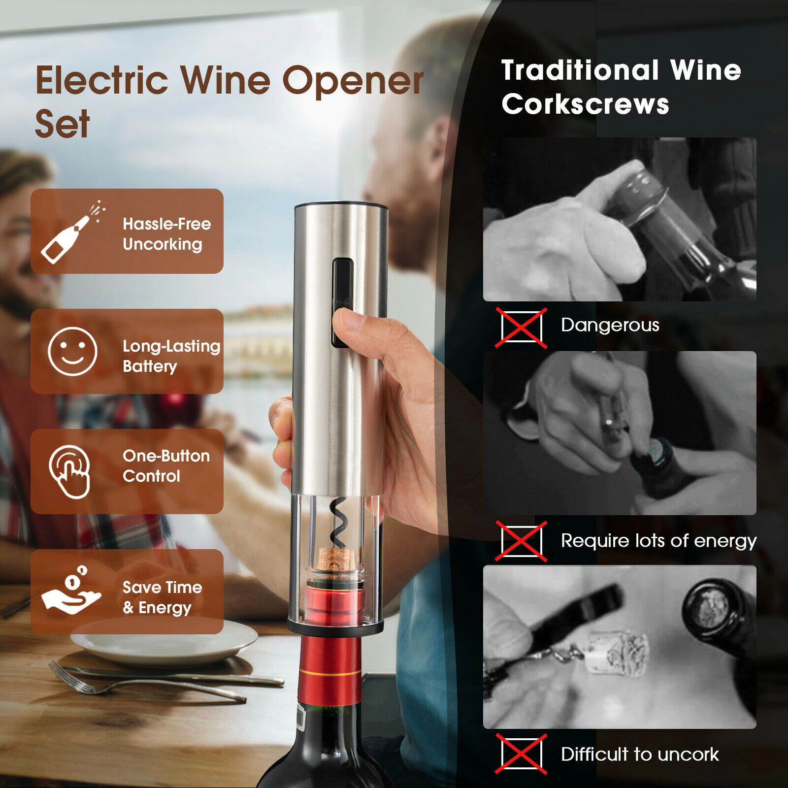 SlickBlue Black 6-Piece Electric Wine Bottle Opener Set with Accessories