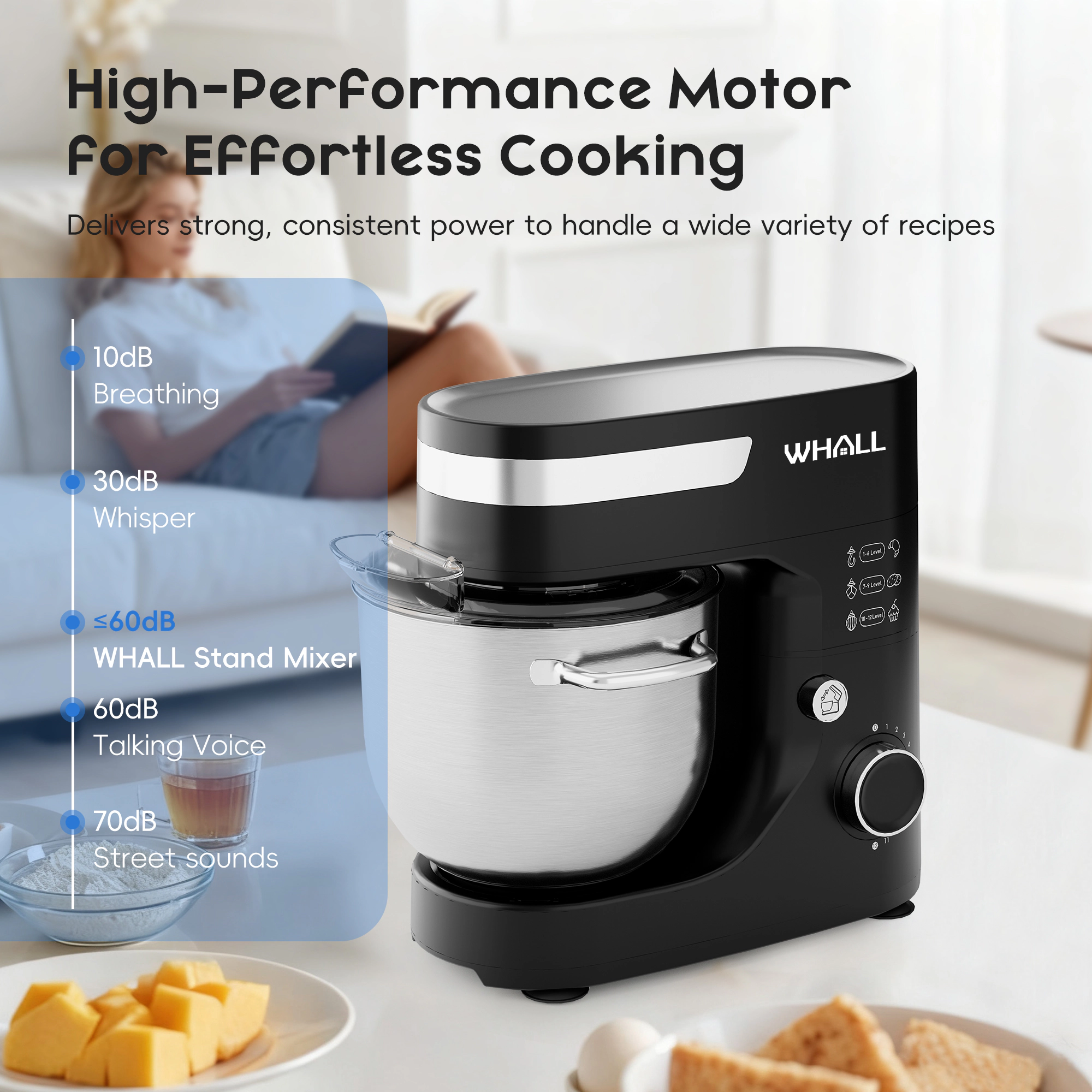 WHALL - Stand Mixer 5.5Qt Tilt Head Electric Kitchen Mixer with Dough Hook/Wire Whip/Beater, Stainless Steel Bowl