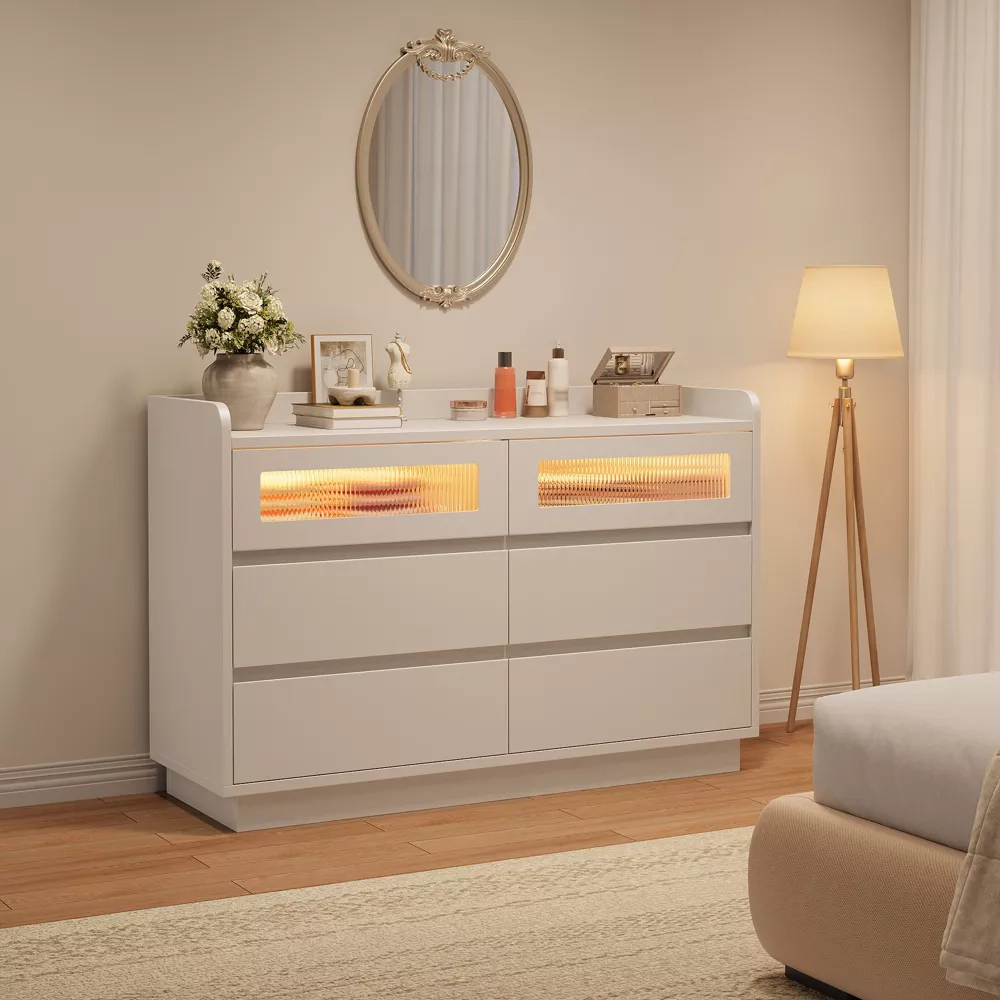 6 Drawer Dresser with LED Lights, 47.2" Wide Modern Wood Storage Chest for Bedroom Living Room