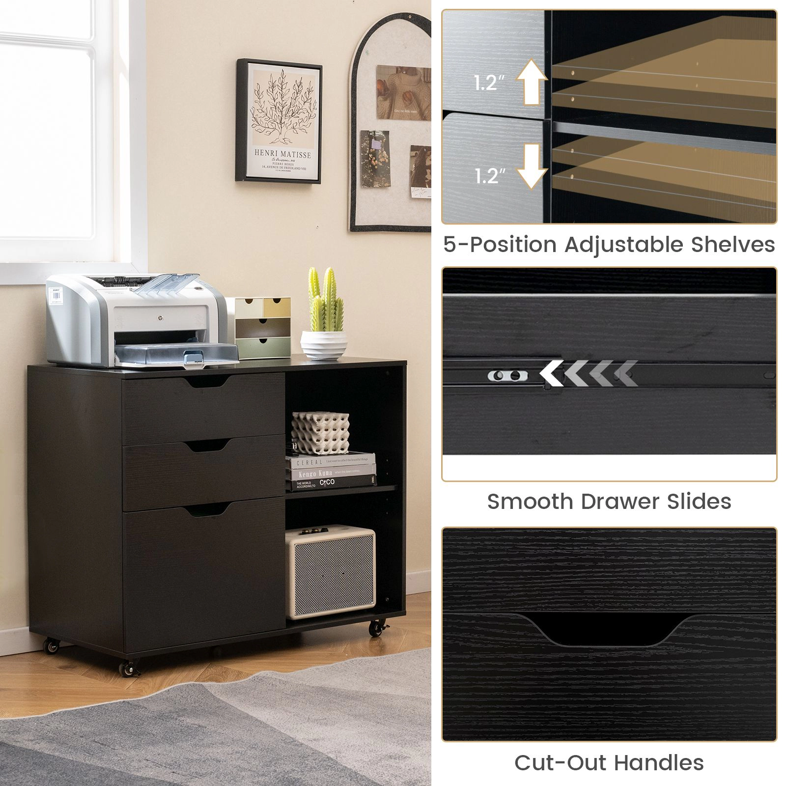 SlickBlue 3-Drawer Mobile File Cabinet with Adjustable Shelf & Printer Stand