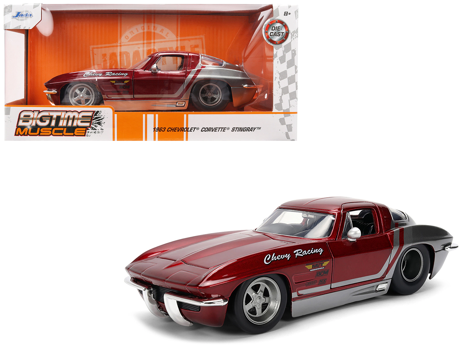 Jada 1963 Chevrolet Corvette Stingray "Chevy Racing" Red Metallic and Gray "Bigtime Muscle" Series 1/24