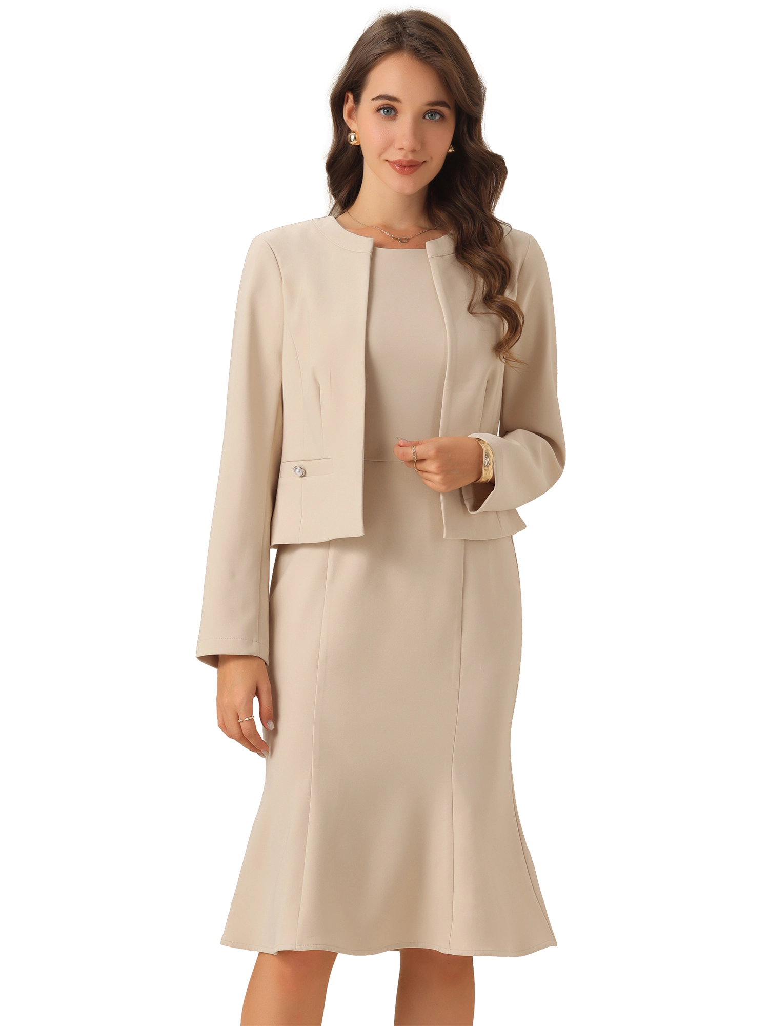 INSPIRE CHIC Women's Sleeveless Mermaid Business Formal Dress with Cropped Blazer Suit Set