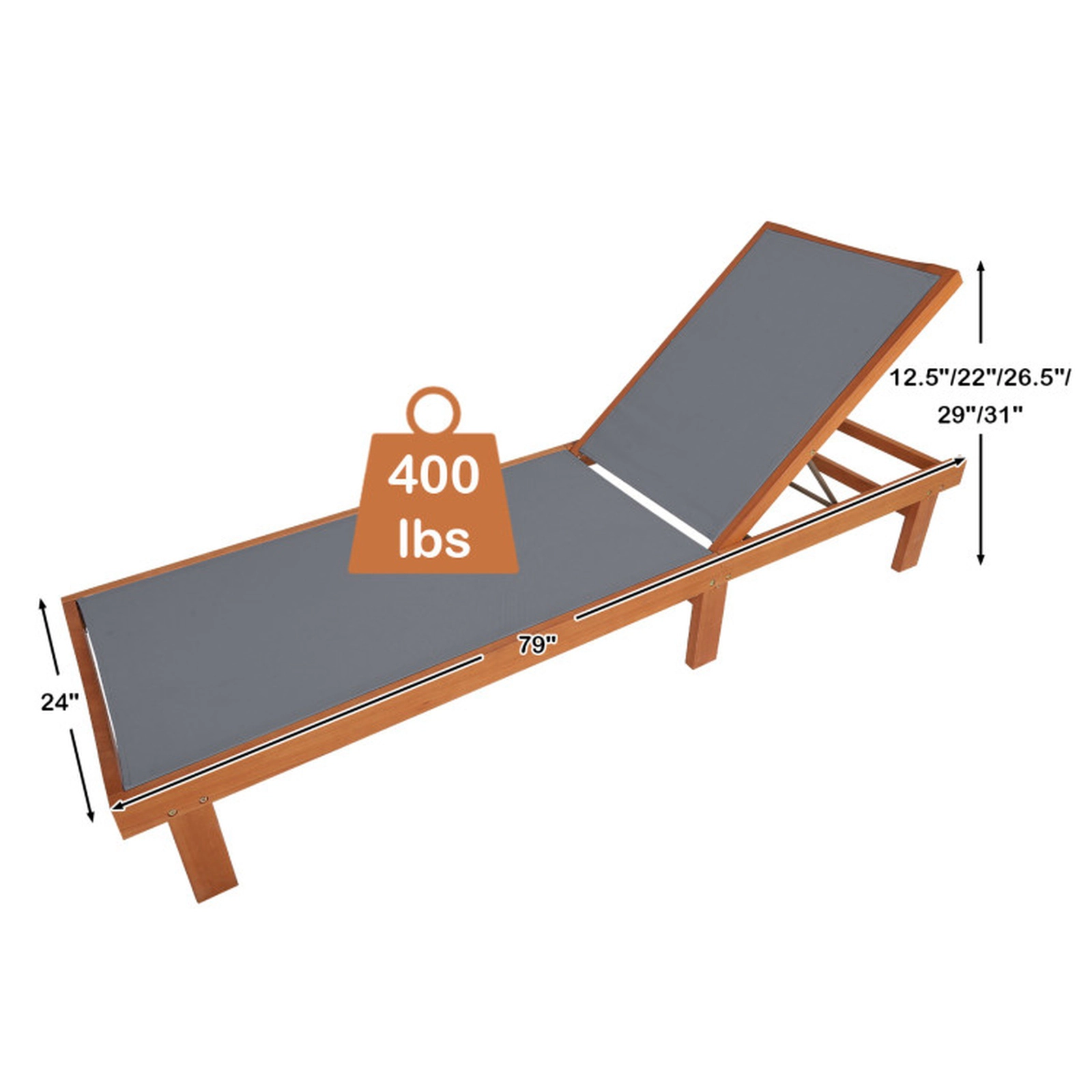 SUGIFT Adjustable Outdoor Wood Chaise Lounge Chair with 5-Position Backrest 400-lb Capacity Teak and White