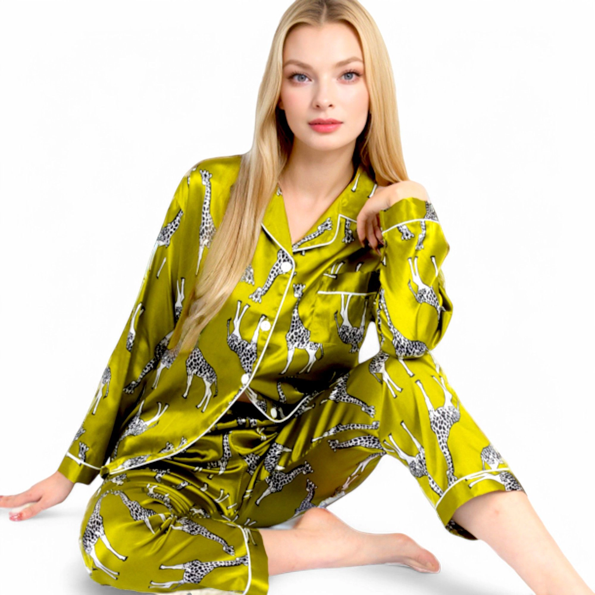 Anna-Kaci Women's Satin Pajama Set with Giraffe Print and Button Down Top