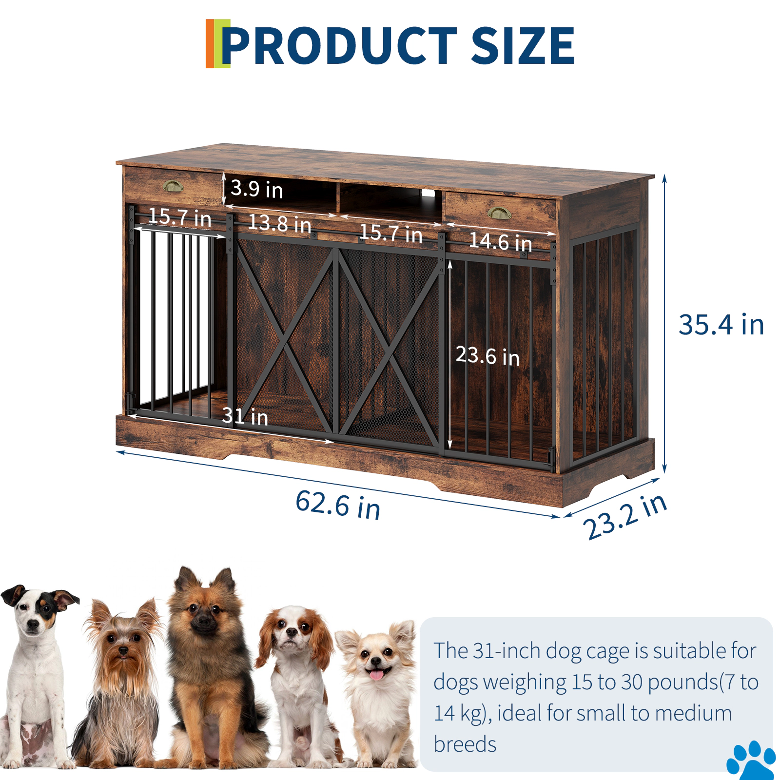 63" Extra Large Double Dog Crate with Removable Divider & 2 Drawers, Heavy Duty Furniture TV Stand
