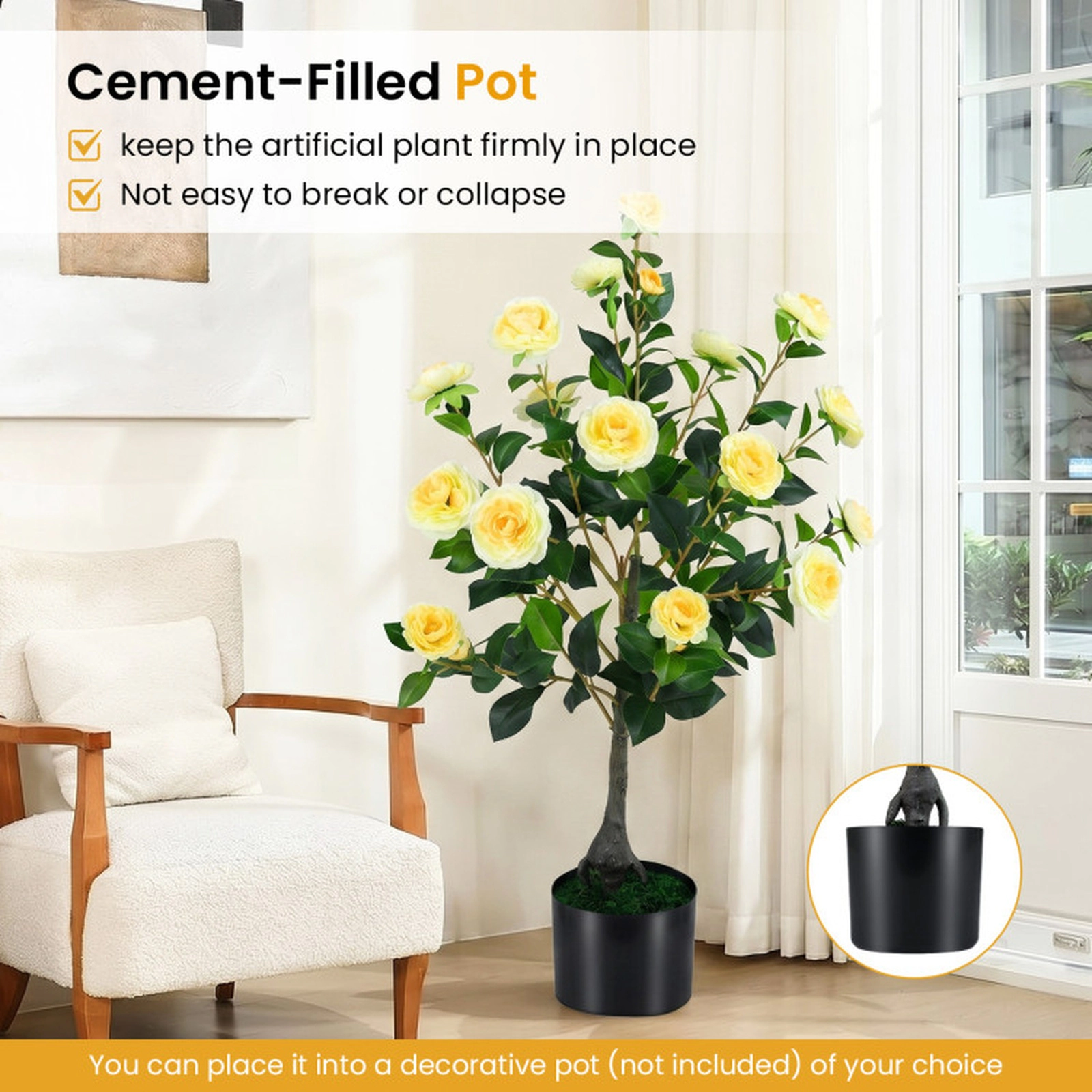 SUGIFT Artificial Camellia Tree Faux Flower Plant in Cement-Filled Pot 35.5-in Tall Yellow