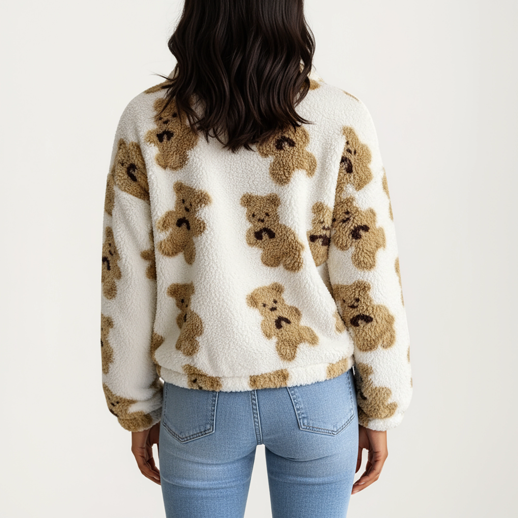 Anna-Kaci Women's Zip-Up Teddy Print High Pile Fleece Jacket with Long Sleeves and Relaxed Fit