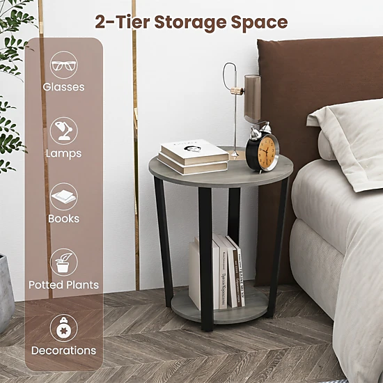 Glintex Round 2-Tier End Table with Detachable Tray Shelf and Melamine Top, Oak