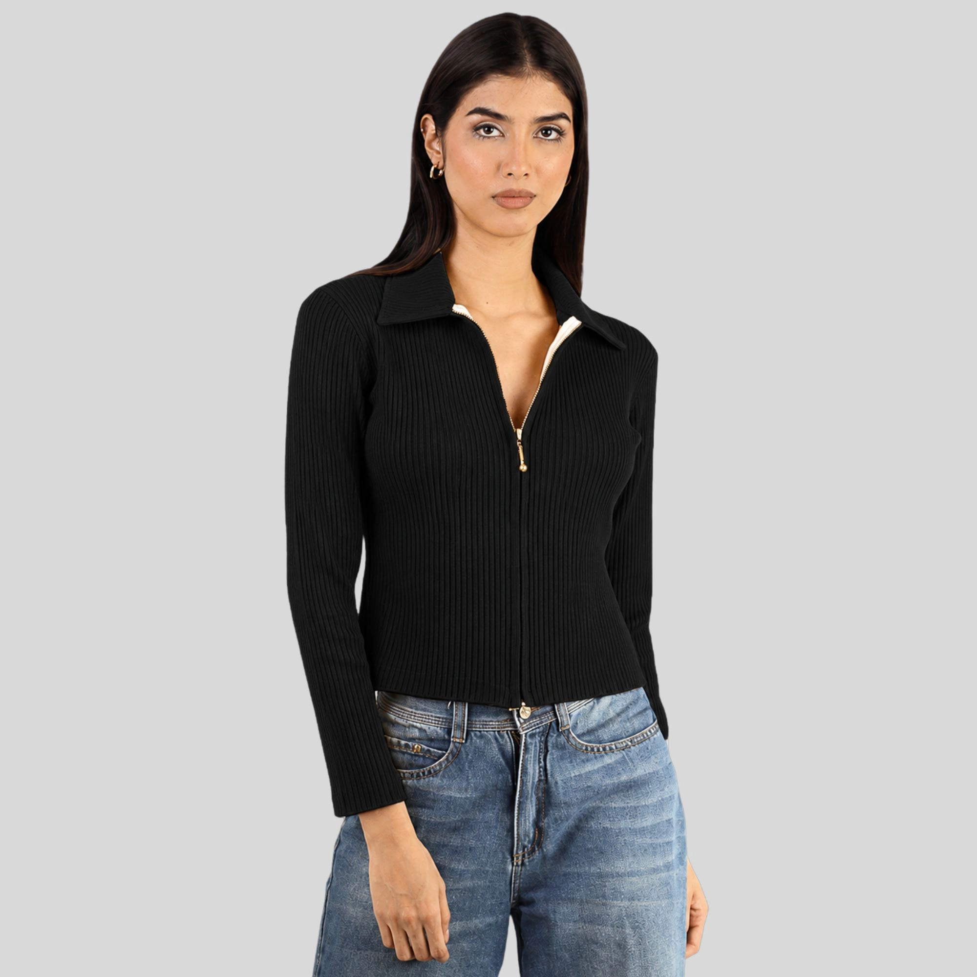 Artyska Women’s Ribbed Zip-Up Collared Long Sleeve Top