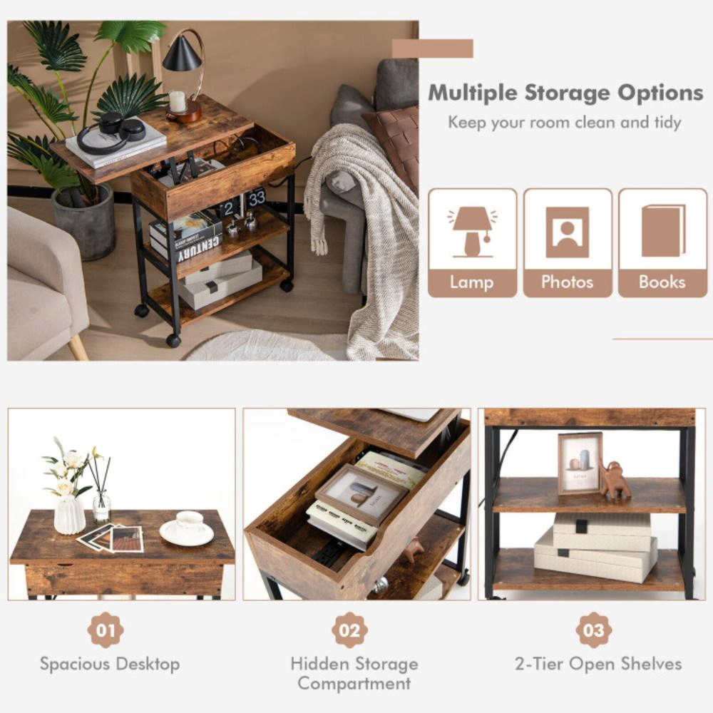 Hivvago Lift Top End Table With Charging Station And Universal Wheels-Rustic Brown