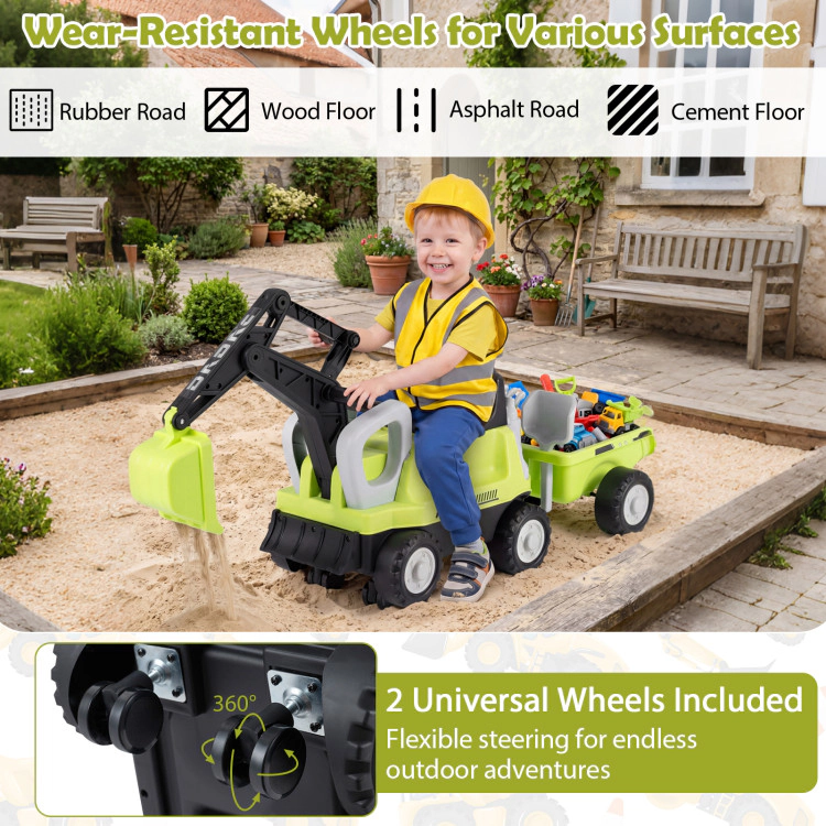 Hivvago 2-In-1 Kids Ride on Tractor with Digging Arm and Detachable Trailer