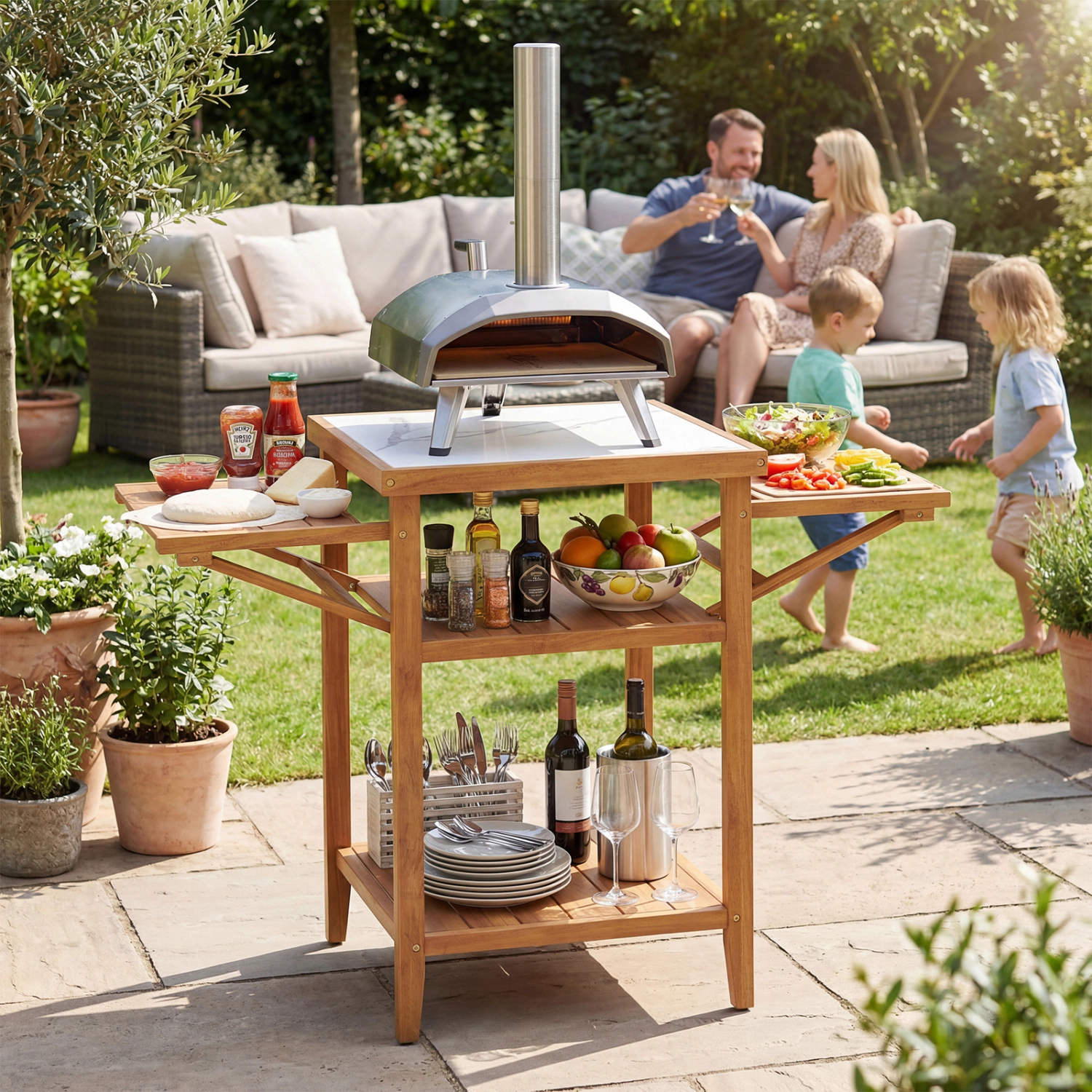 LJG Acacia Wood Outdoor Grill Table with Faux Marble Top and Drop-Leaf Side Panels