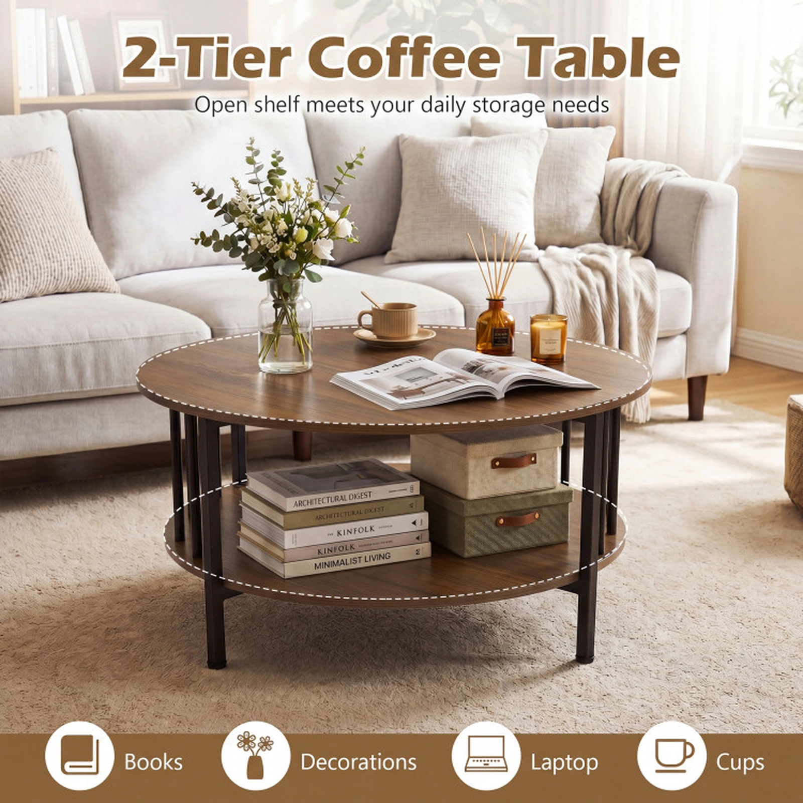 SUGIFT 2-Tier Round Coffee Table with Storage Shelf and Metal Accents 220-lb Capacity Black/Walnut