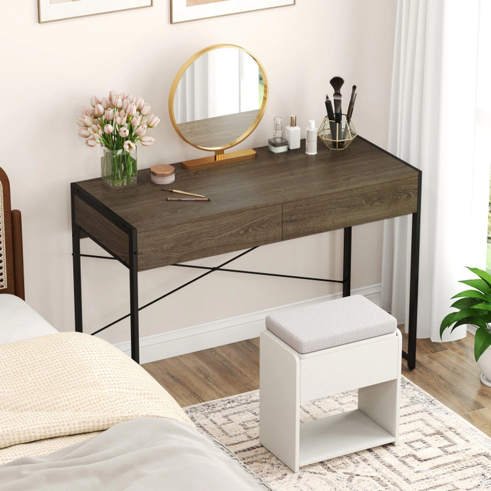 SUGIFT 44-Inch Oak Computer Desk with 2 Drawers, Metal Frame and Anti-Tipping Kit
