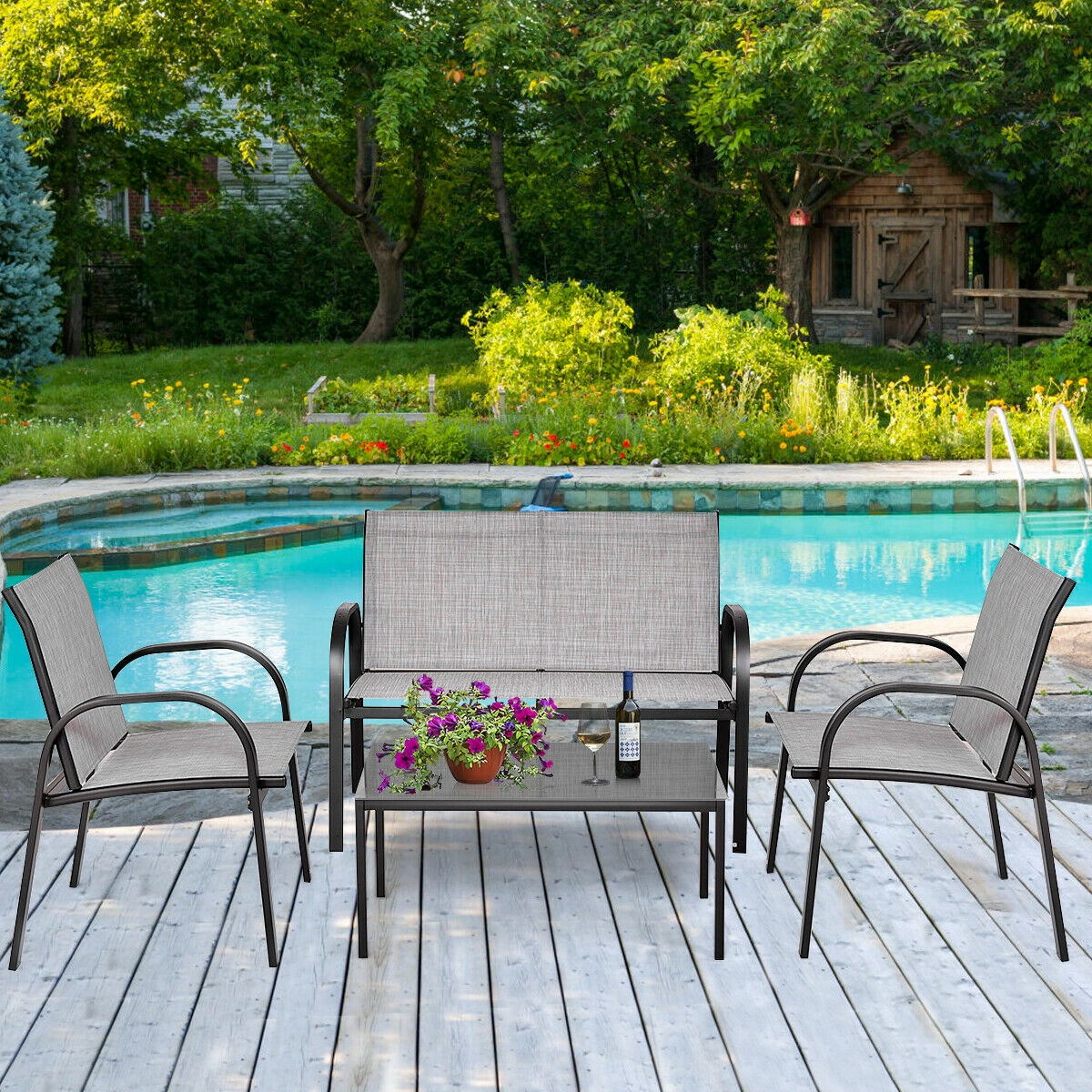 SUGIFT Gray Loveseat 2 Sofas and Glass Top Coffee Table 4-Piece Patio Furniture Set