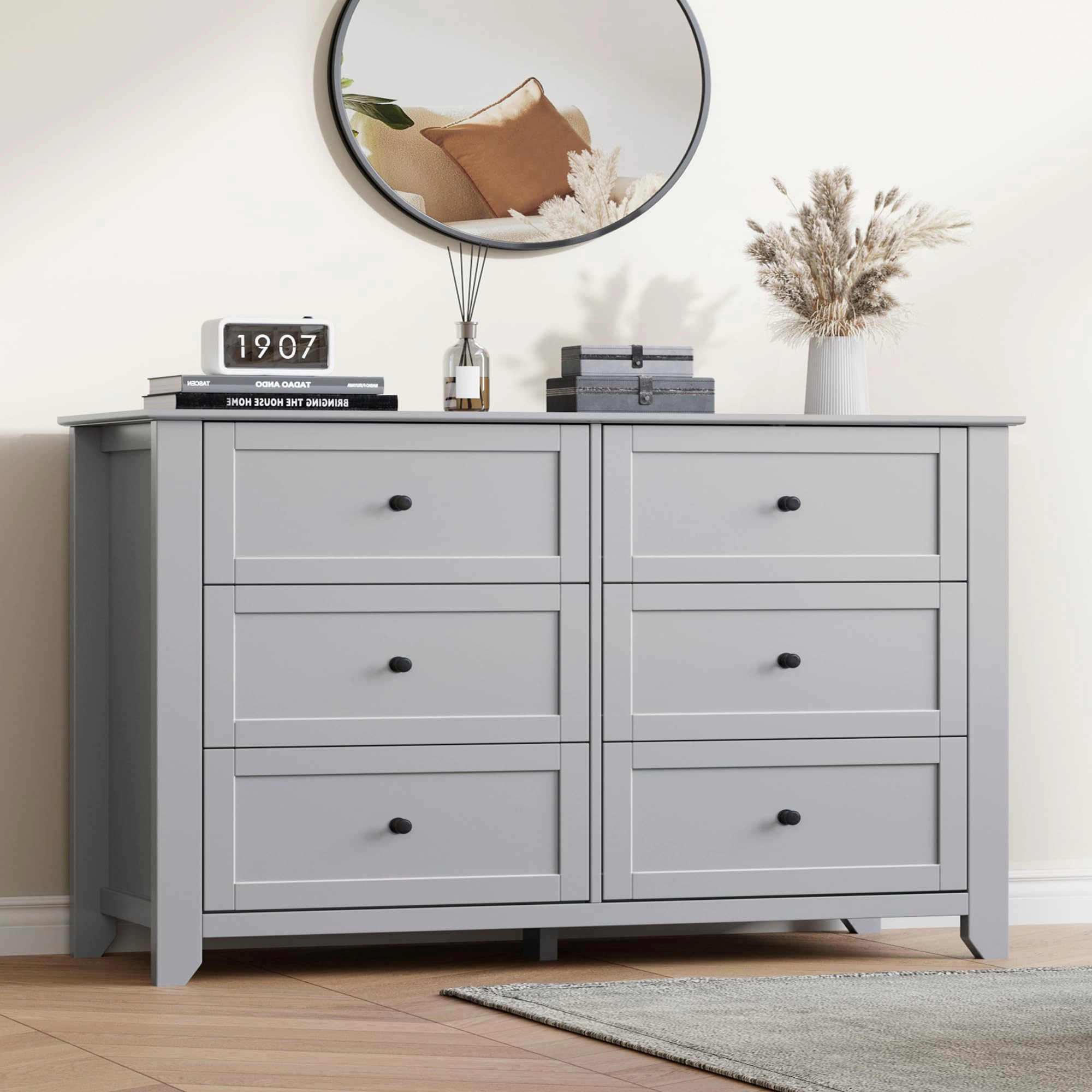 6 Drawer Dresser with Metal Knobs,  54" Wide Wooden Double Storage Chest for Bedroom Entryway Hallway