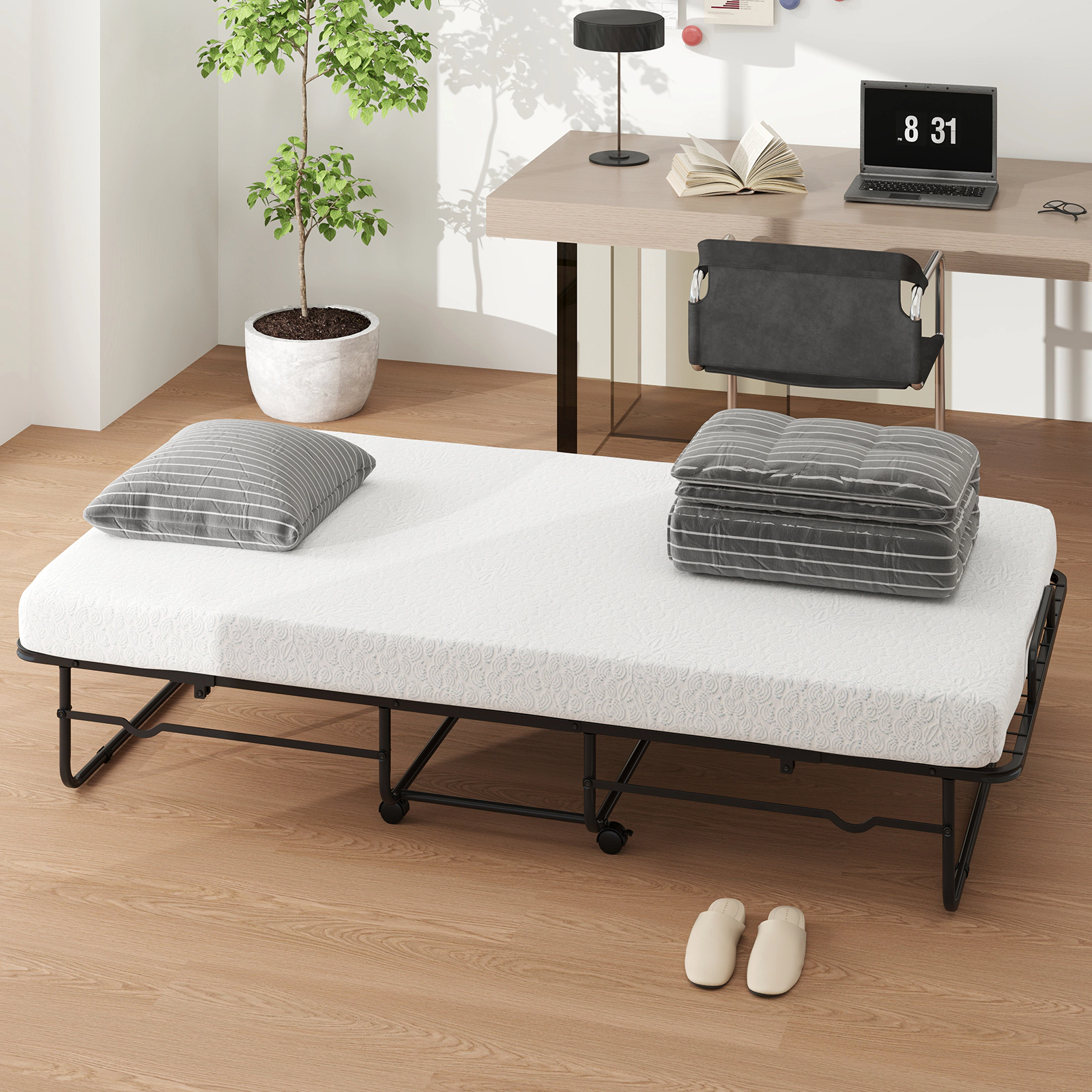 SUGIFT Twin Folding Bed with 4-Inch Memory Foam Mattress, Locking Casters, Black