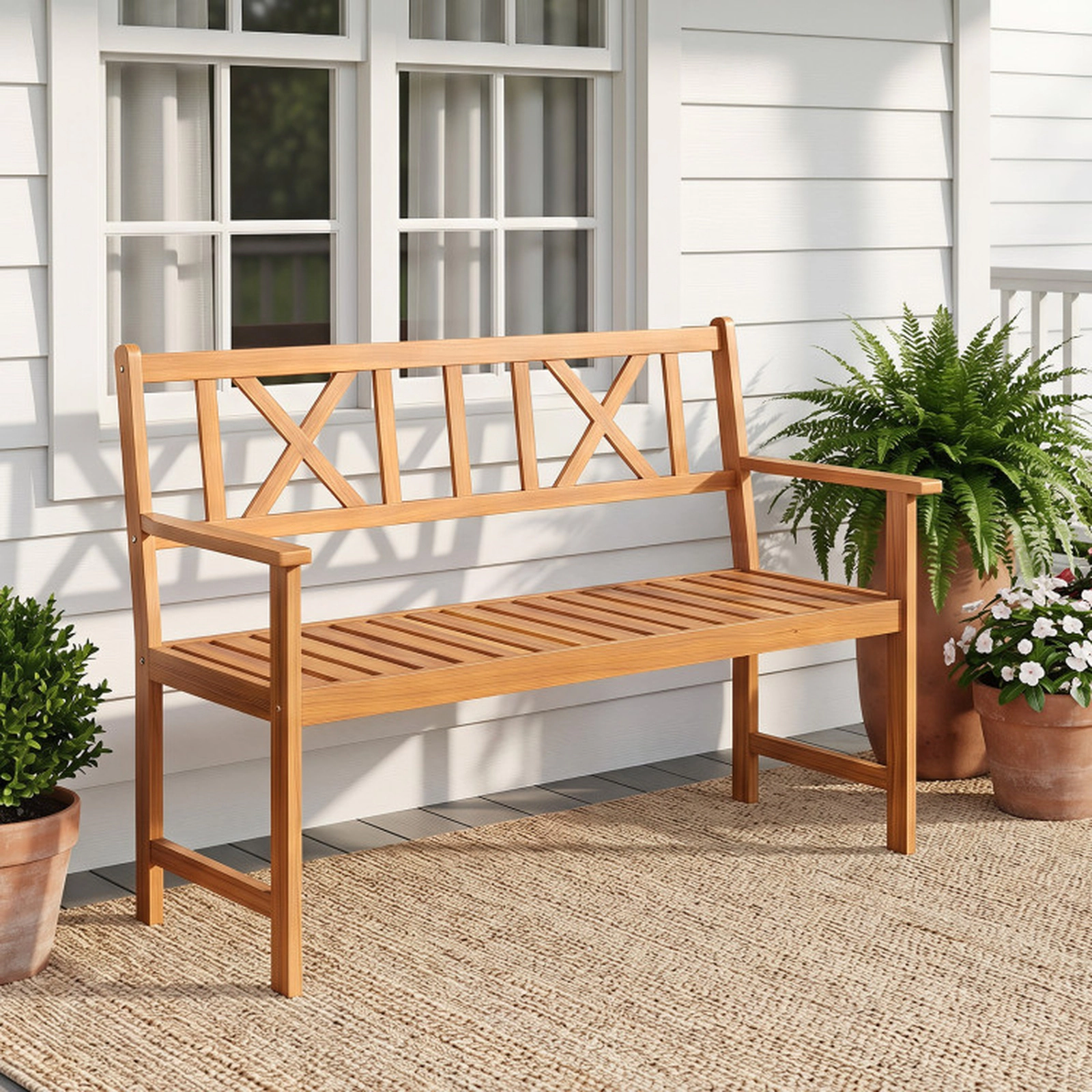SUGIFT 2-Person Acacia Wood Patio Garden Bench with Armrests and X-Shaped Backrest 800-lb Capacity Natural