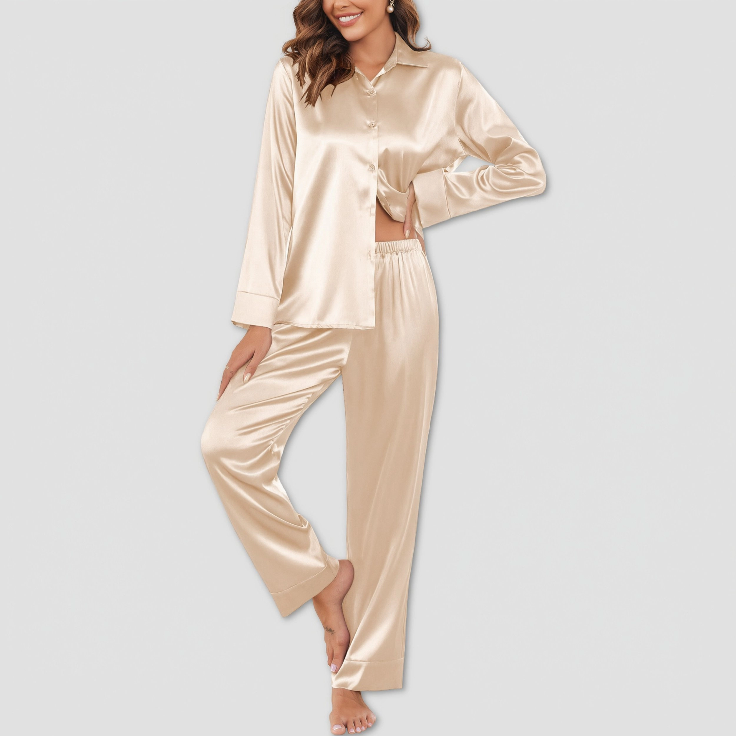 Ekouaer Womens Satin Silk Pajamas Classic Long Sleeve Button Down Set Soft Loungewear
