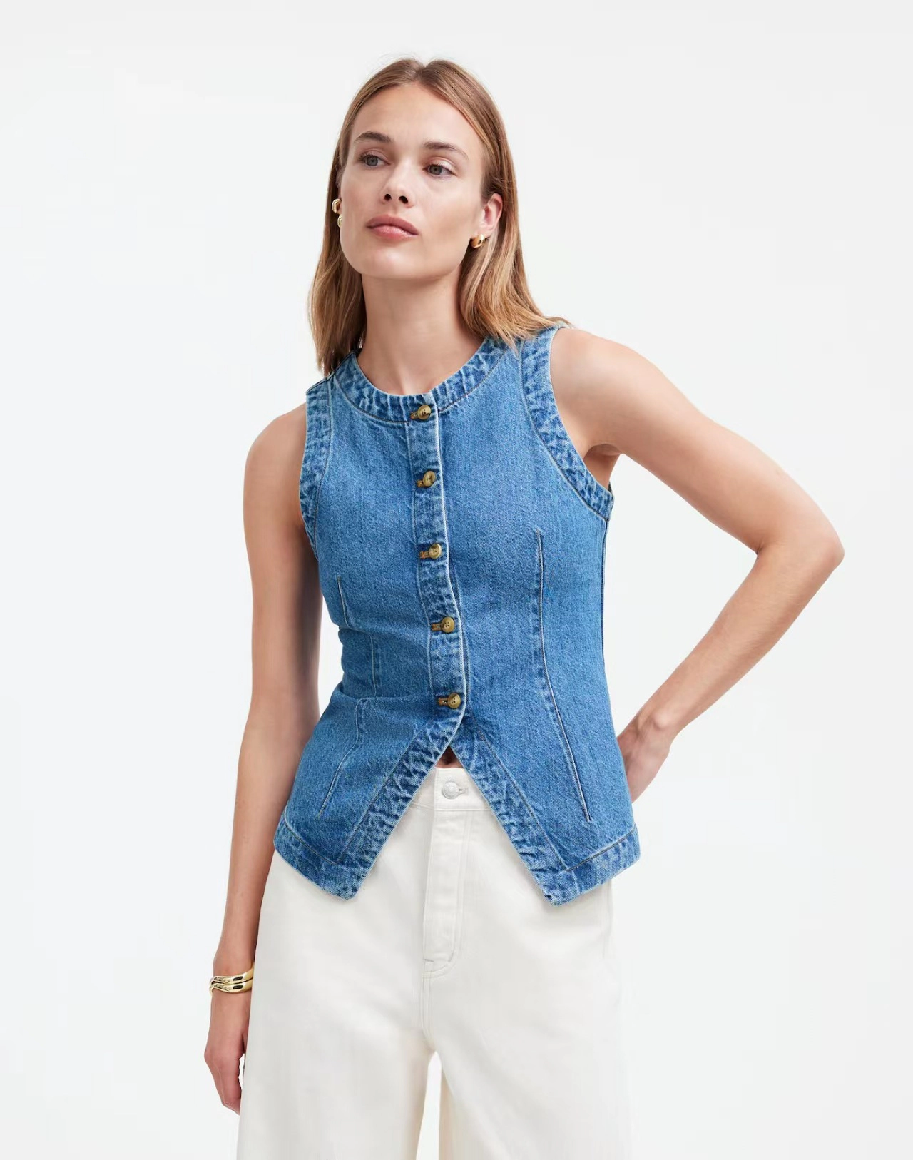 KOJOOIN Women's Button‑Down Denim Vest Round Neck Sleeveless Jean Waistcoat Split Hem Structured Top
