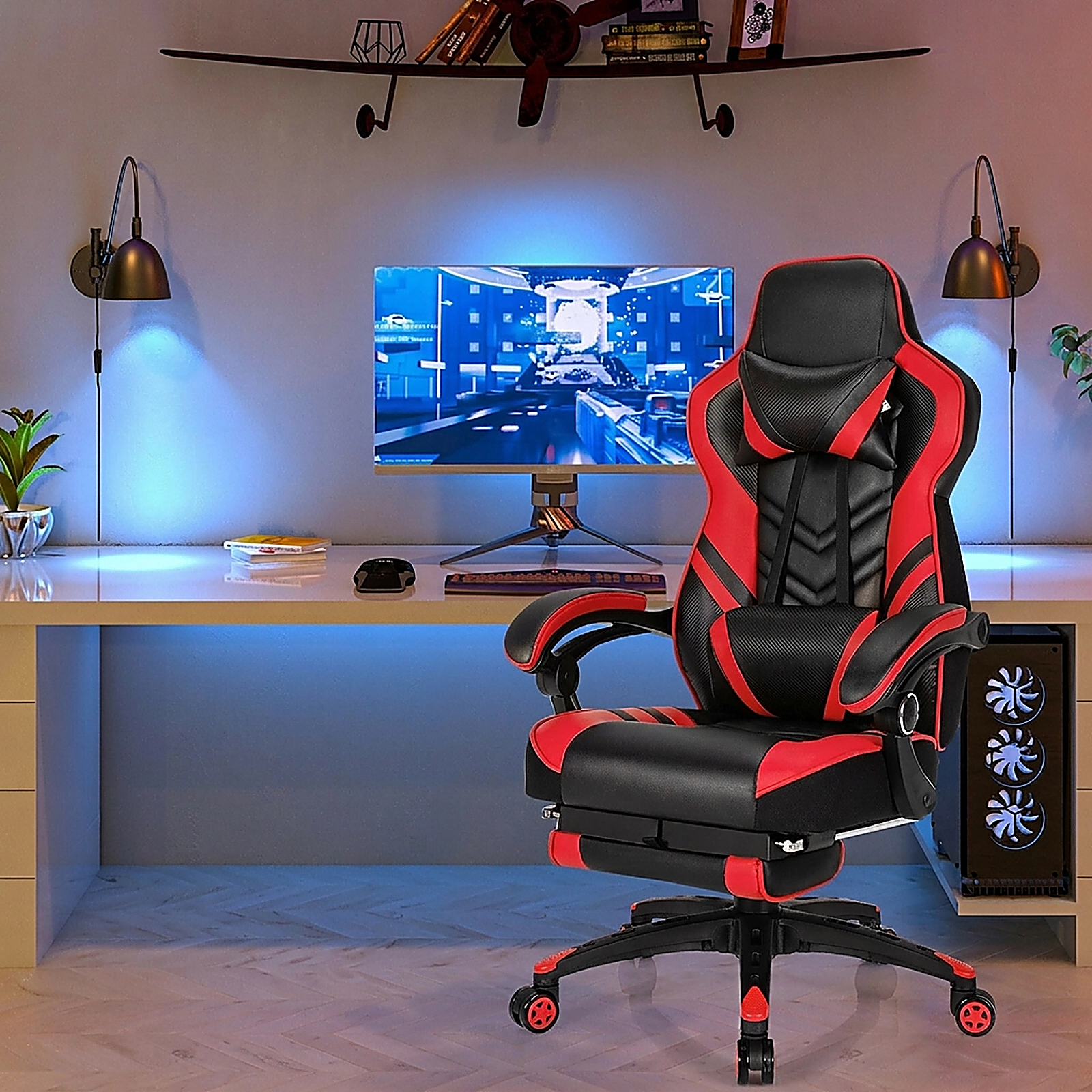 SUGIFT Adjustable Reclining Gaming Chair with Footrest 330-Lb Capacity 27-in Wide Seat 17-20-in Seat Height -49 in Red
