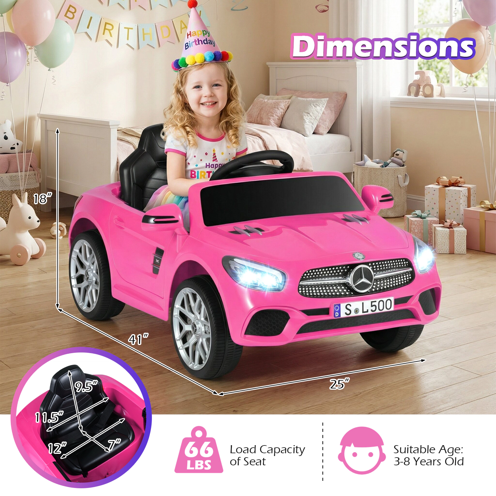 SUGIFT 12V Pink Kids Ride-On Car with Licensed Mercedes-Benz Body Remote Music and LED Lights 41-in W