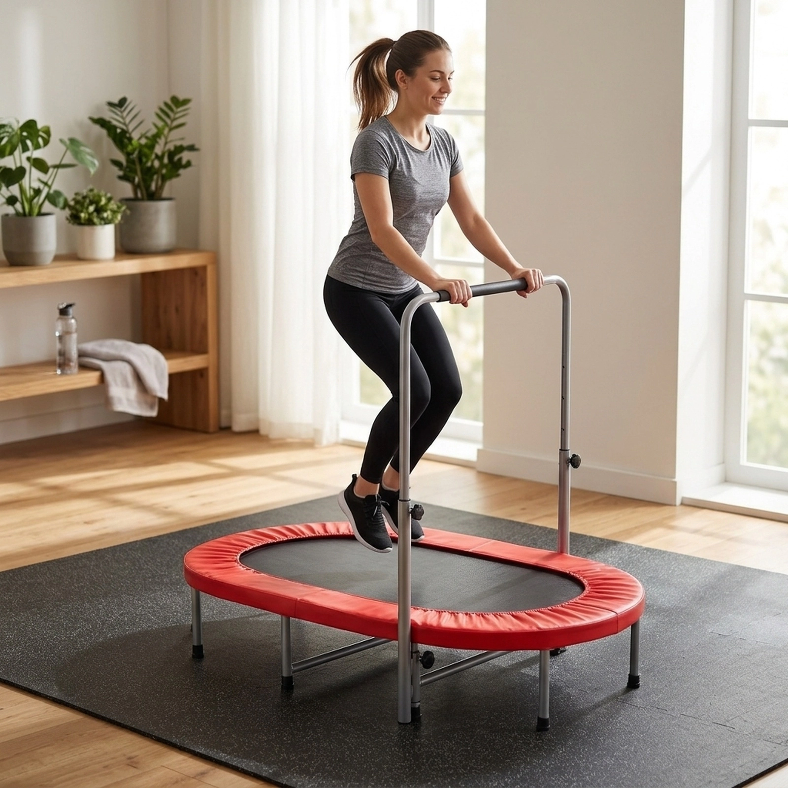 2-Person Folding Rebounder Trampoline Adjustable Foam Handle 36-in to 52-in 5 Levels 330-lb 40 Springs Red
