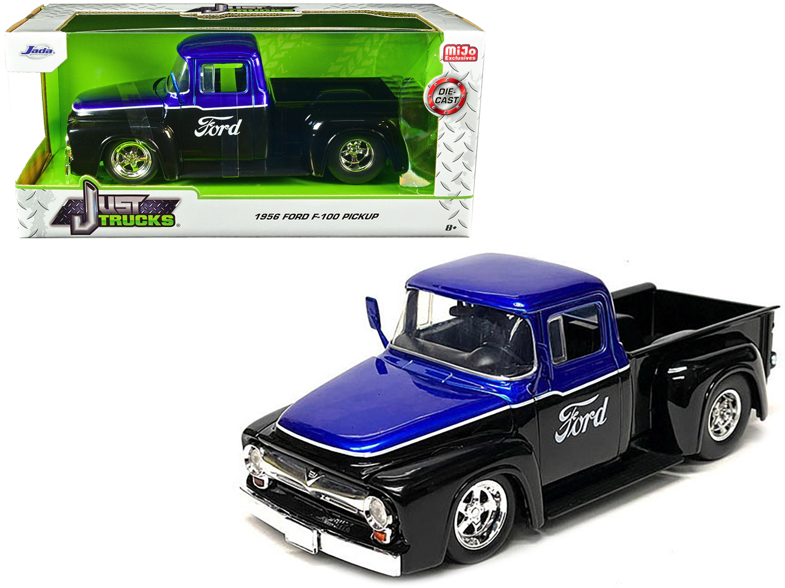 Jada 1956 Ford F-100 Pickup Truck Black and Blue Metallic with Ford Graphics "Just Trucks" Series 1/24 Diecast