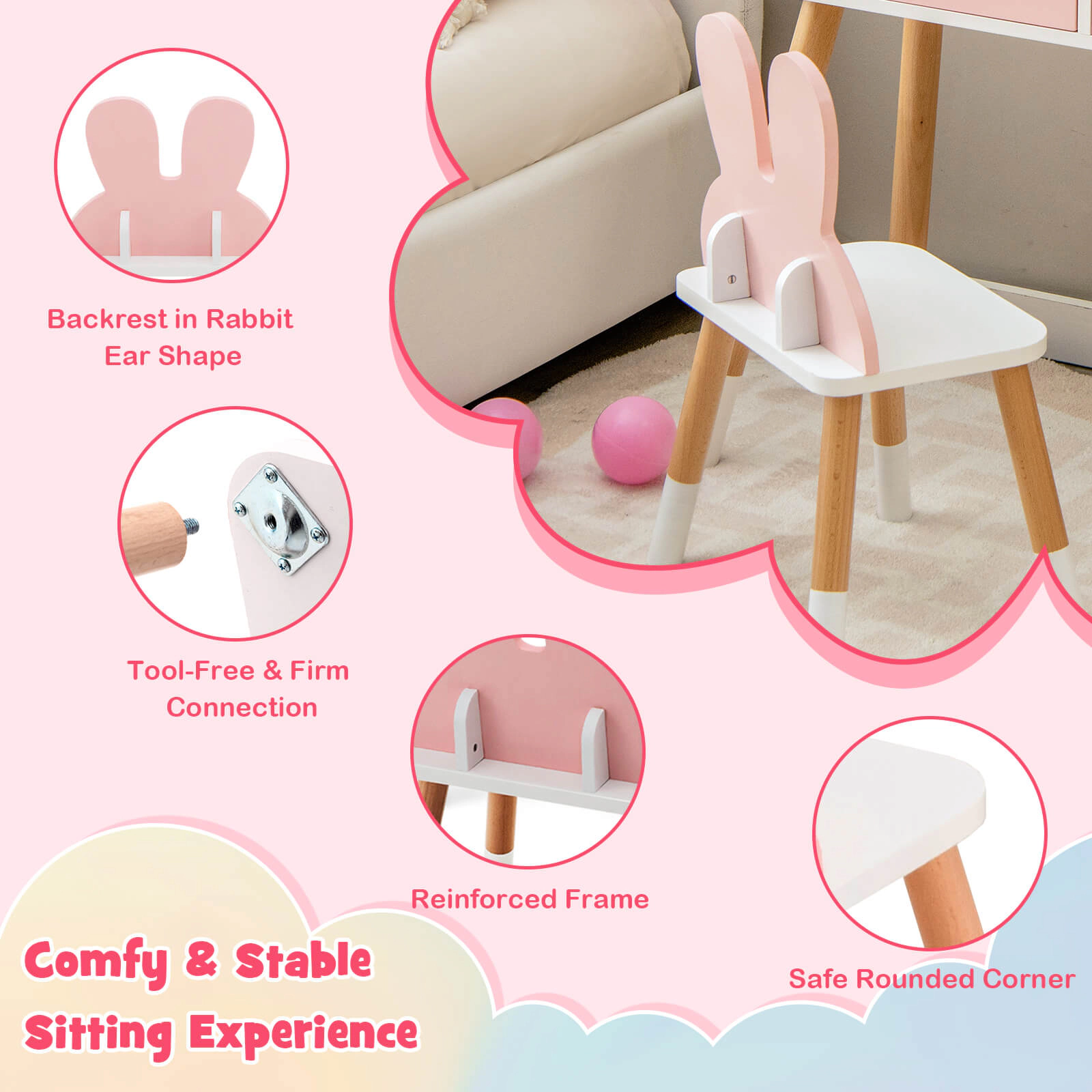 SUGIFT Kids Vanity Table & Chair Set with Drawer Shelf & Rabbit Mirror 66-lb Tabletop 110-lb Stool Capacity Pink/White