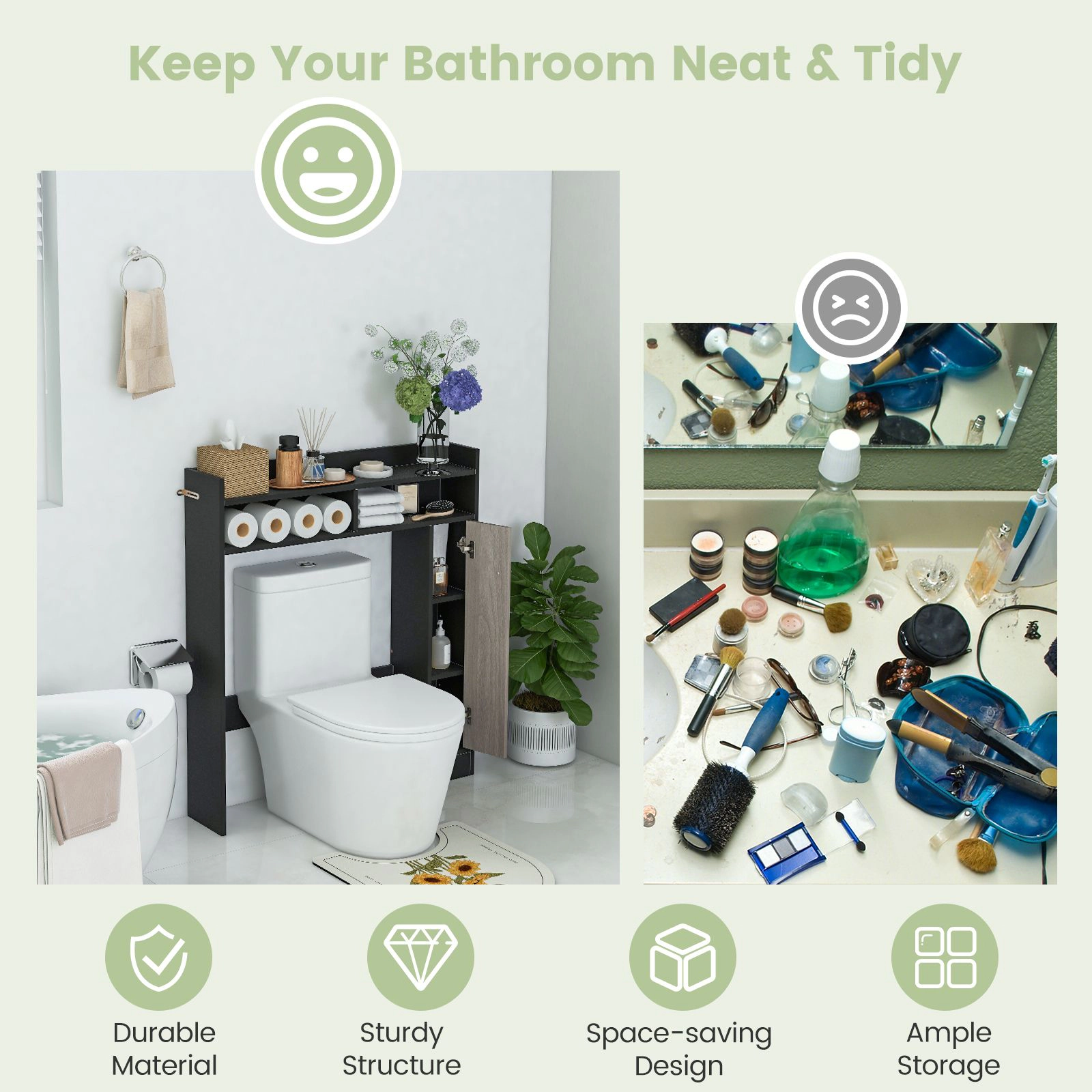 SlickBlue Over Toilet Bathroom Organizer with Cabinet and Open Shelves