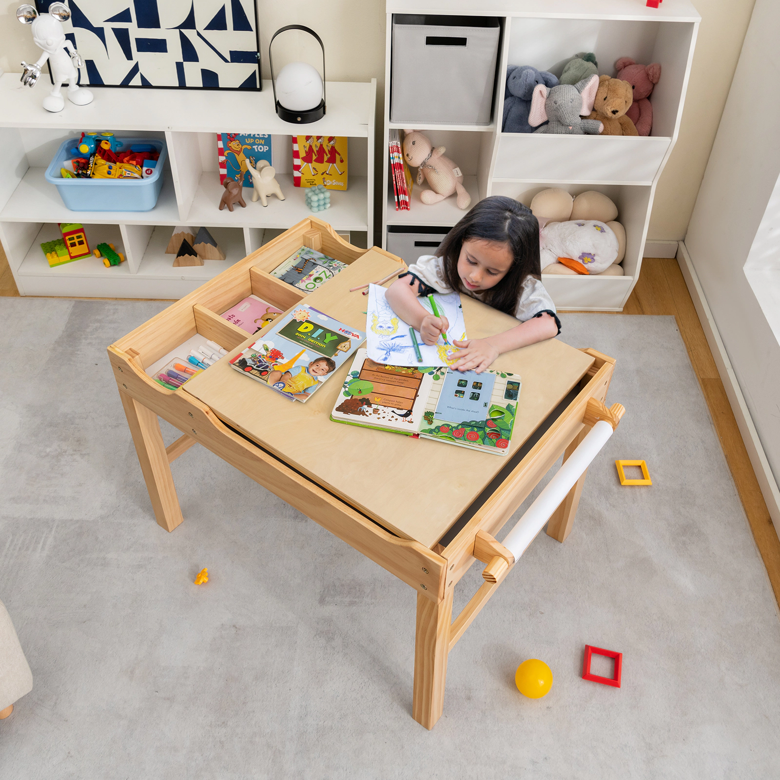 SUGIFT Natural Storage and Paper Roll Kids Multi Activity Play Table Wooden Building Block Desk