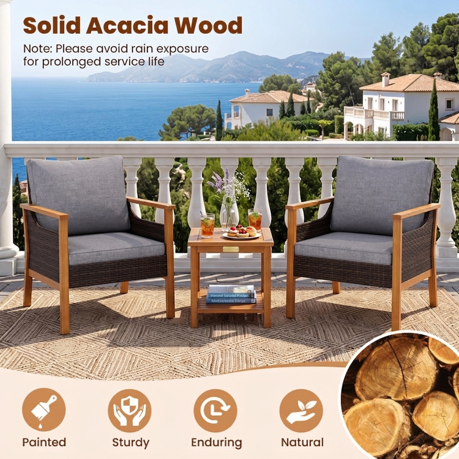 SUGIFT Patio Dining and Conversation Set with Armchairs 400-lb Chairs 165-lb Tabletop Gray Cushions Mix Brown Rattan