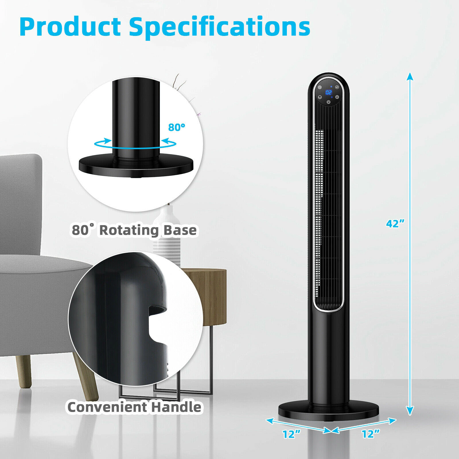 SlickBlue 42-Inch Bladeless Tower Fan with Remote Control and 14 Wind Settings