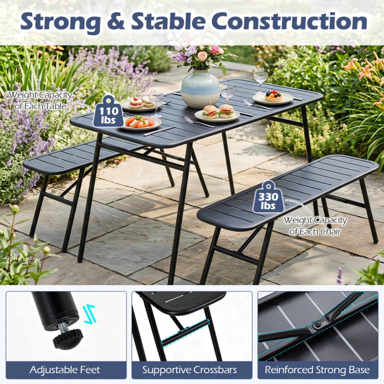 SUGIFT Black 47.5 Inch Table and 2 Benches for Backyard 3-Piece Outdoor Metal Dining Set