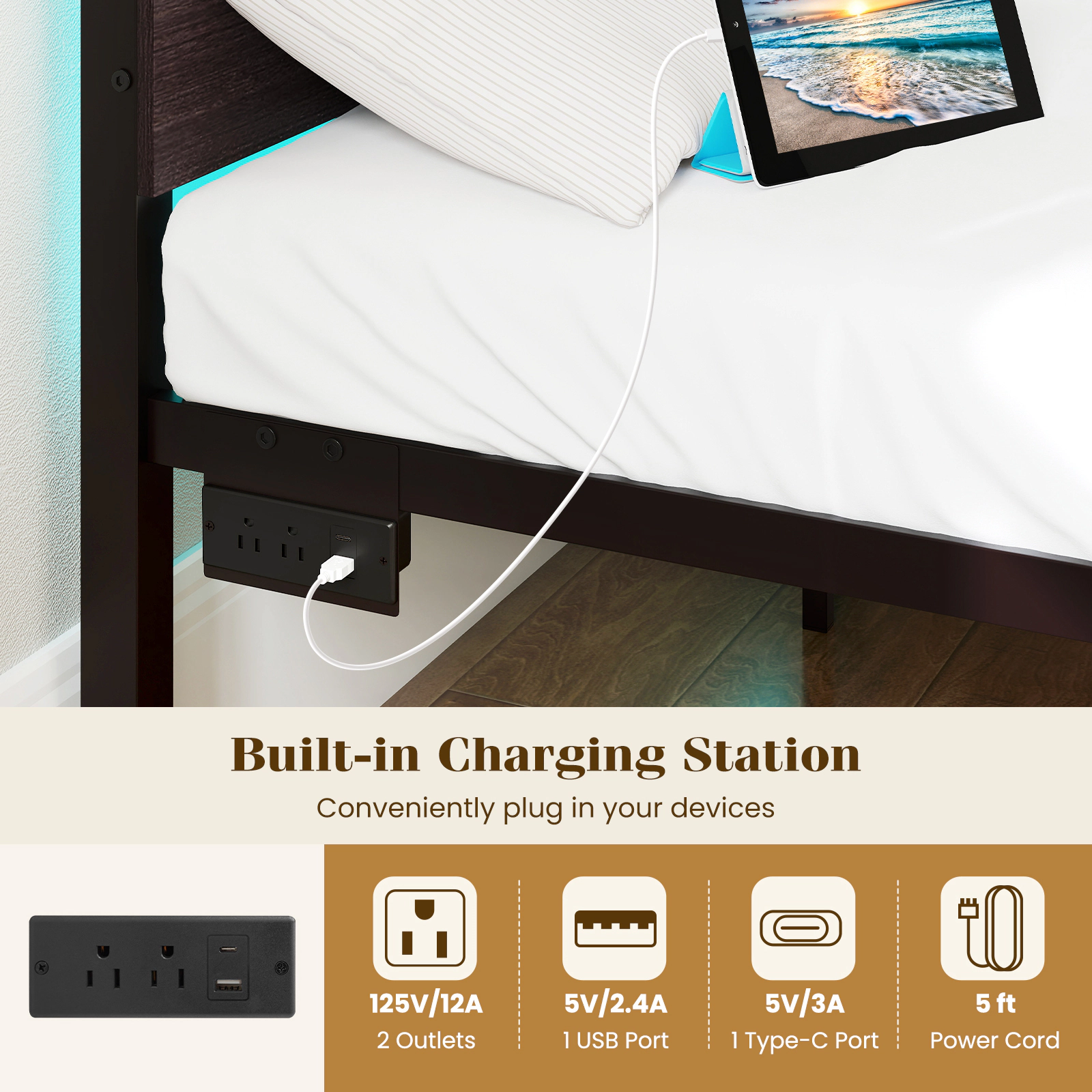 SUGIFT Metal Slats Bed Frame with Charging Station 880-lb Capacity 78-in Length Full Rustic Brown/Walnut + Black